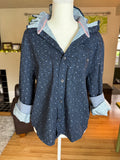 SOLD Pearl - Flag and Anthem Upcycled Mens Ruffle Collar Shirt - Navy with small white flowers - Size Medium/Large