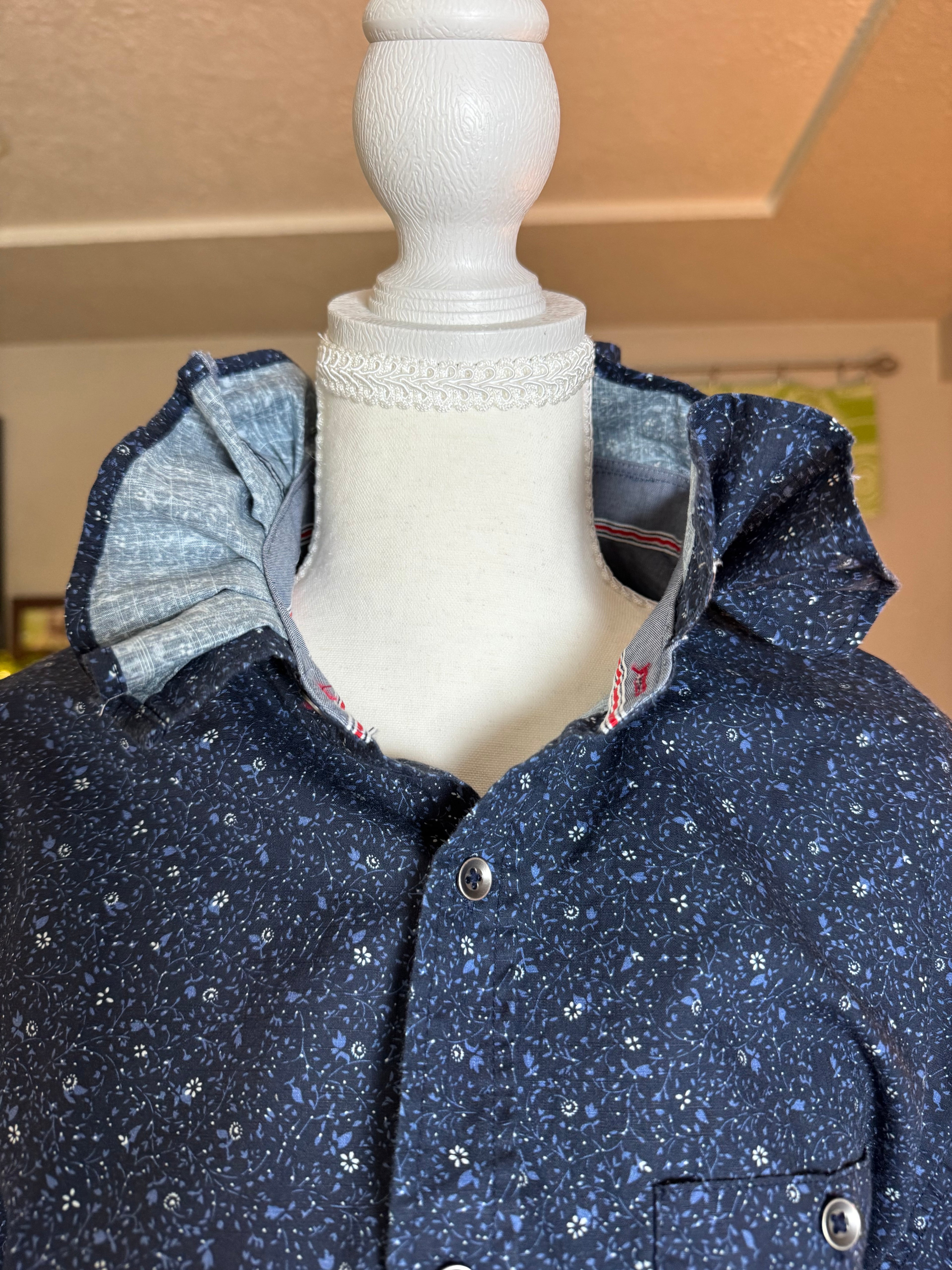 SOLD Pearl - Flag and Anthem Upcycled Mens Ruffle Collar Shirt - Navy with small white flowers - Size Medium/Large