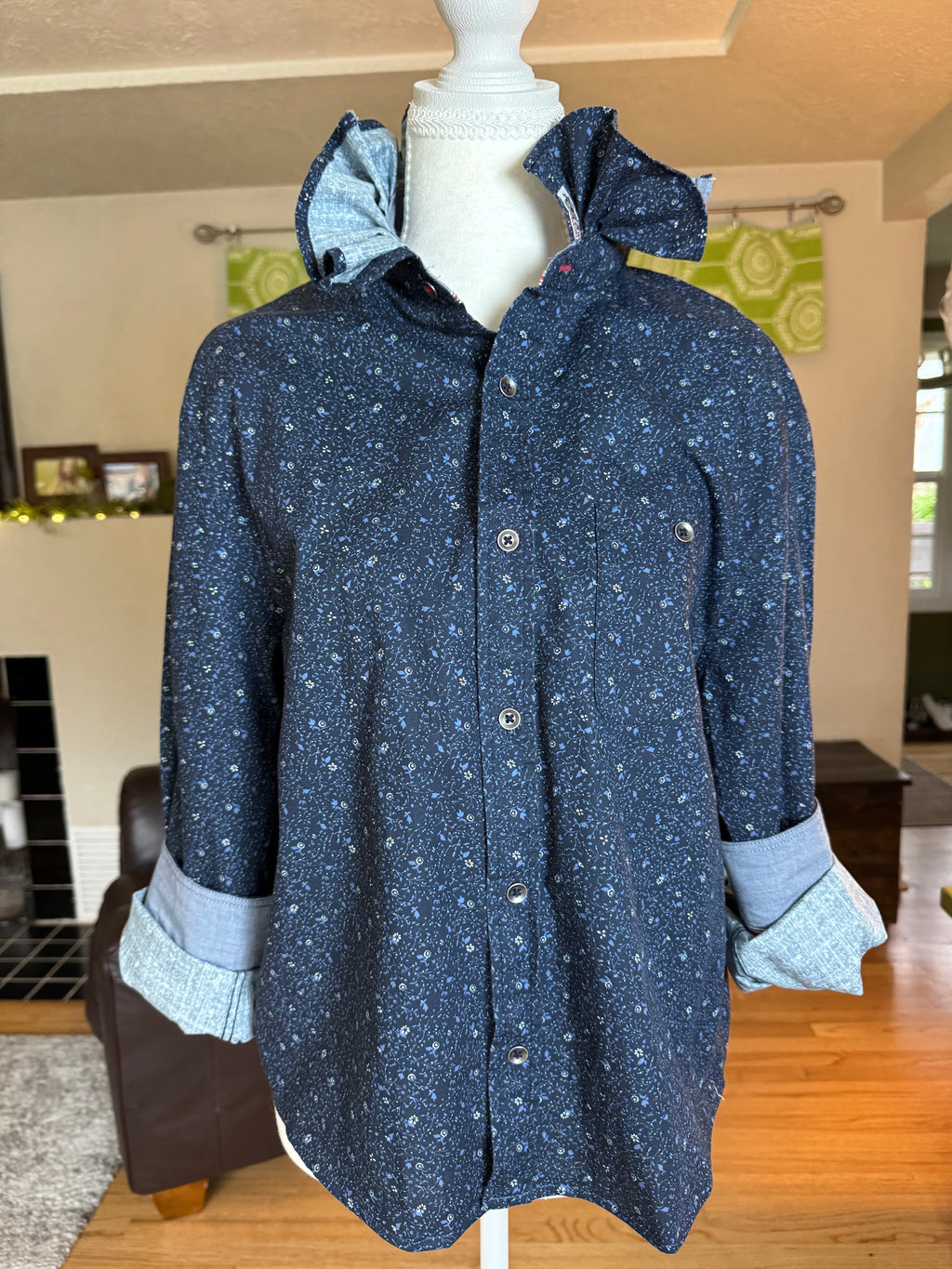 SOLD Pearl - Flag and Anthem Upcycled Mens Ruffle Collar Shirt - Navy with small white flowers - Size Medium/Large