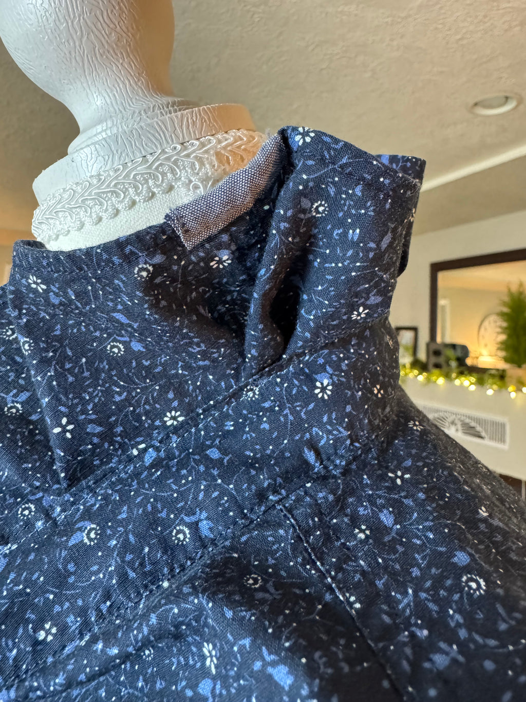 SOLD Pearl - Flag and Anthem Upcycled Mens Ruffle Collar Shirt - Navy with small white flowers - Size Medium/Large