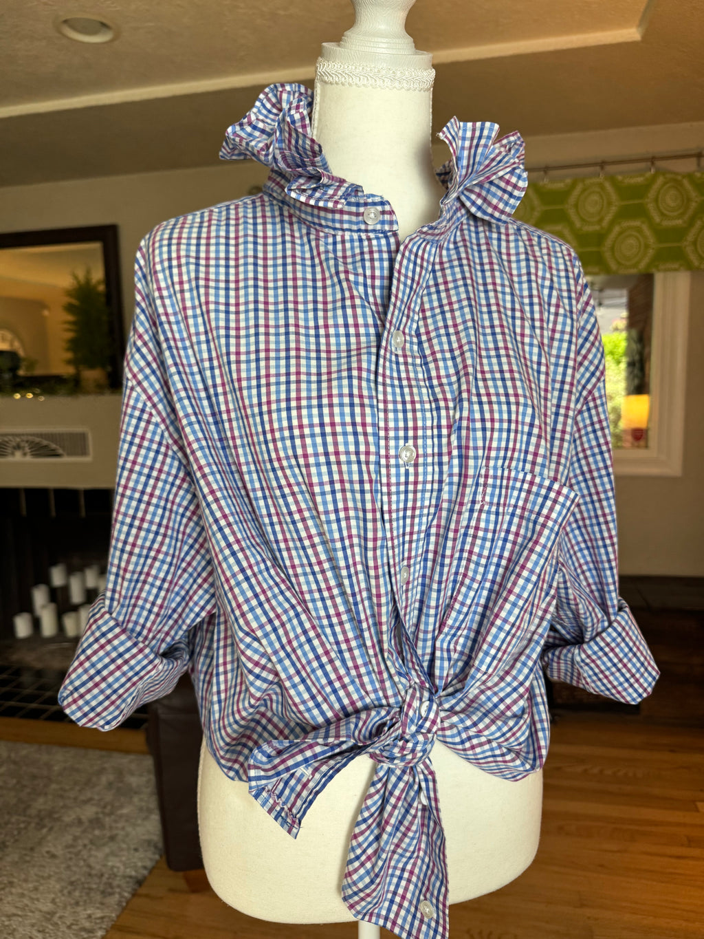 SOLD Merlot - Oak Hill Upcycled Mens Ruffle Collar Shirt - blue and wine plaid - Size X Large