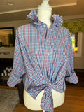 SOLD Merlot - Oak Hill Upcycled Mens Ruffle Collar Shirt - blue and wine plaid - Size X Large