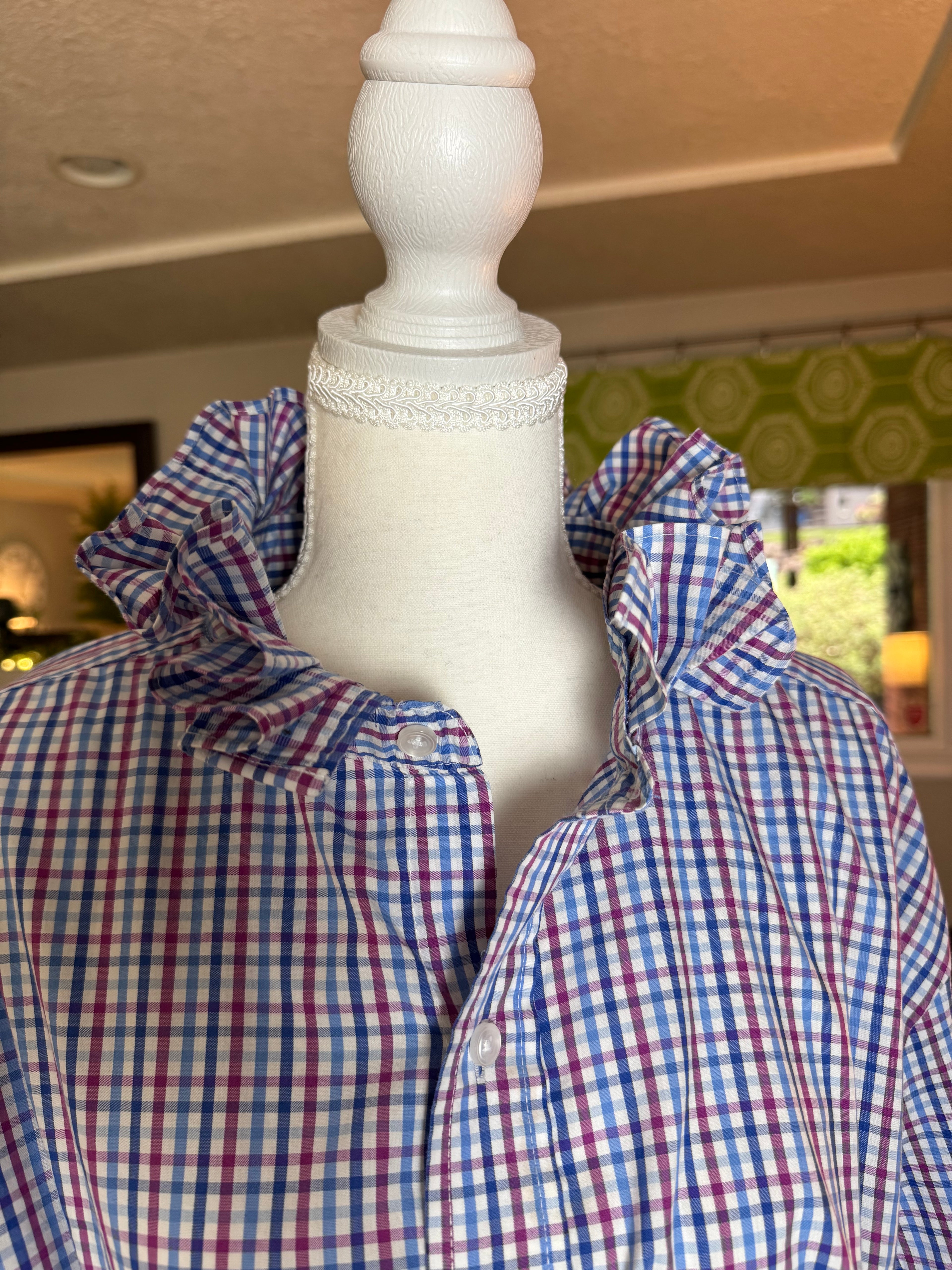 SOLD Merlot - Oak Hill Upcycled Mens Ruffle Collar Shirt - blue and wine plaid - Size X Large
