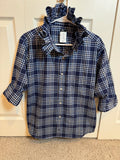 SOLD Alice - Uniqlo Upcycled Mens Ruffle Collar Shirt - navy and light blue plaid - Size Medium