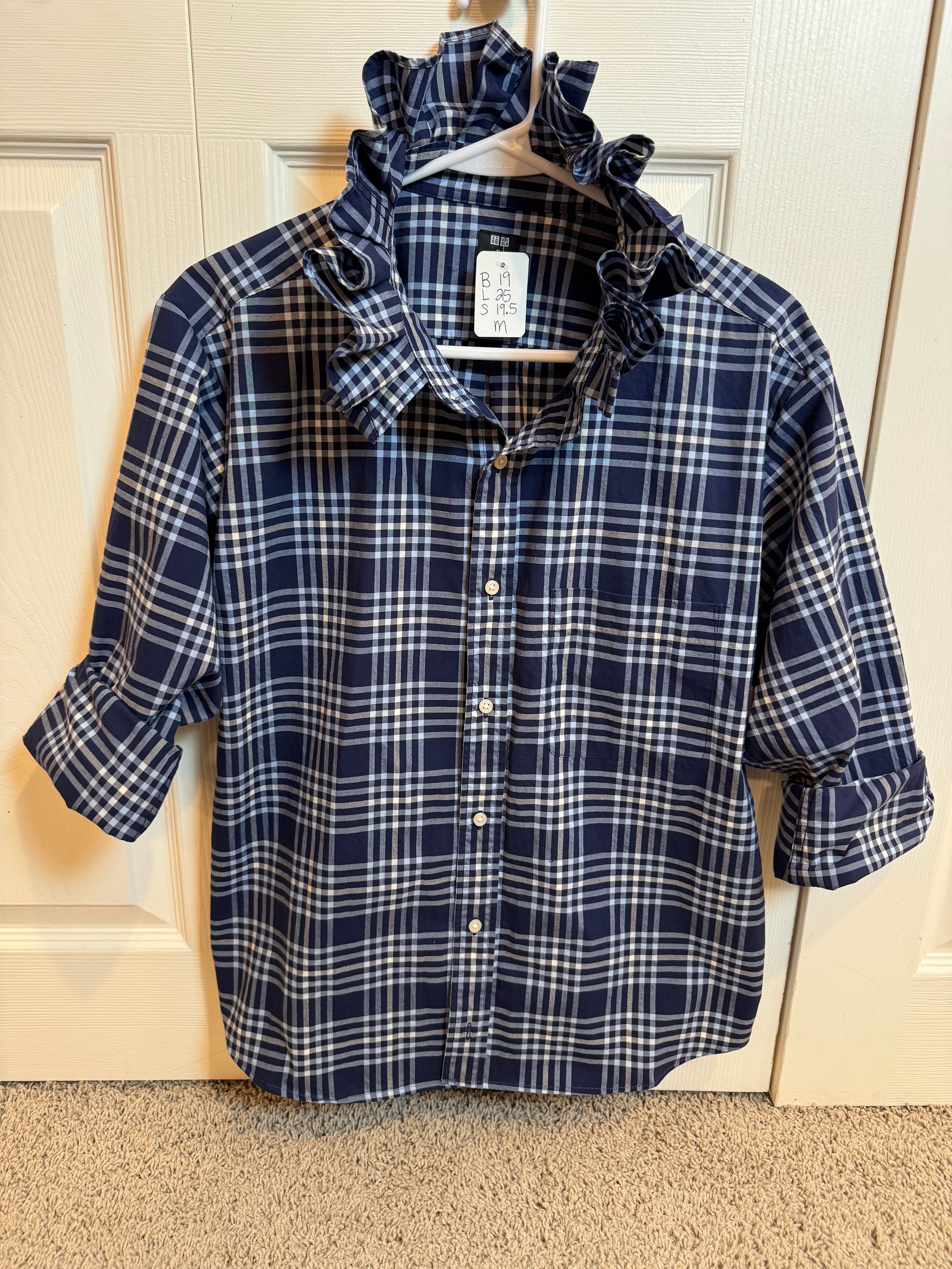 SOLD Alice - Uniqlo Upcycled Mens Ruffle Collar Shirt - navy and light blue plaid - Size Medium