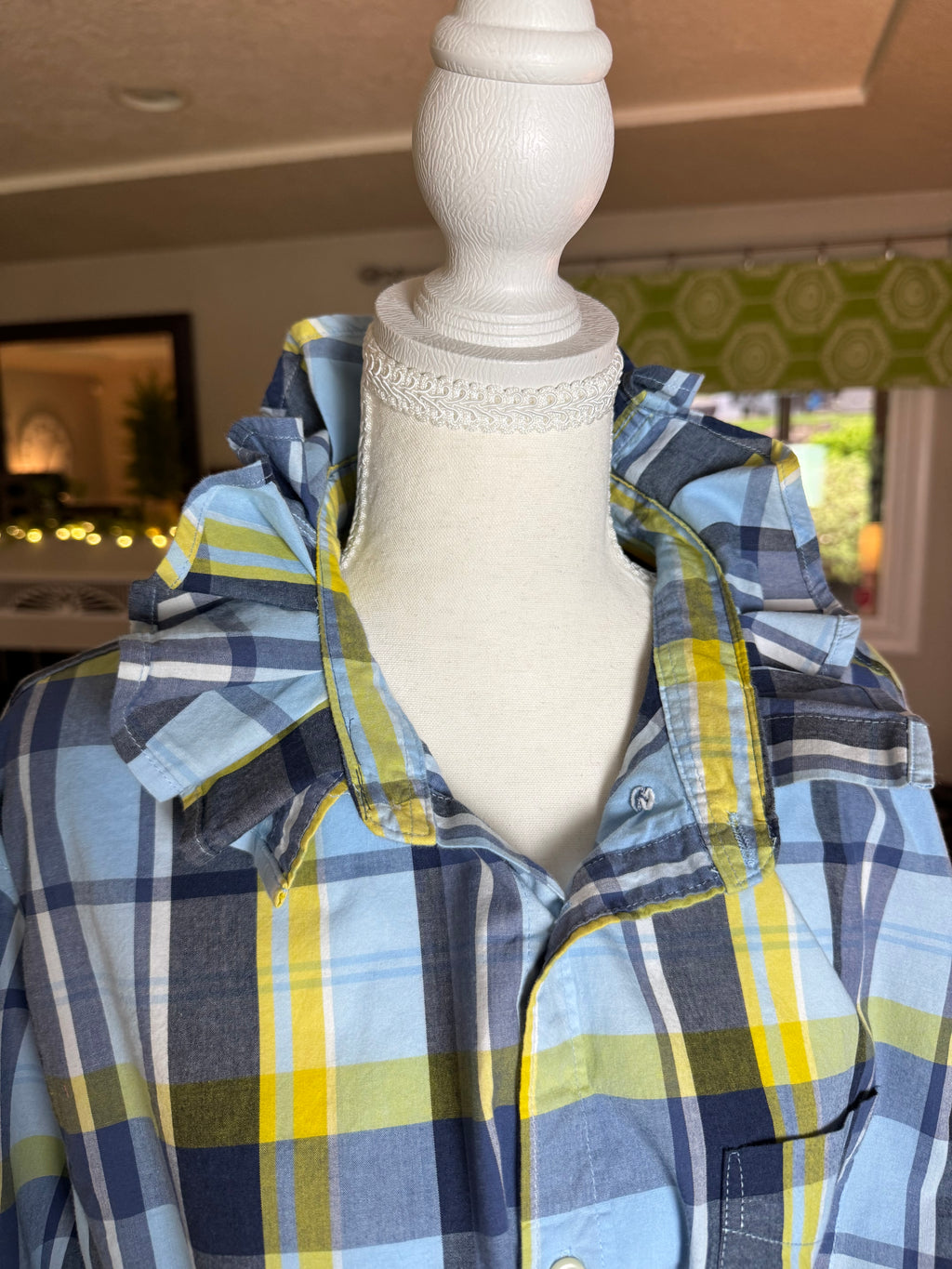SOLD Delaney - Gap Upcycled Mens Ruffle Collar Shirt - green plaid - Size Large