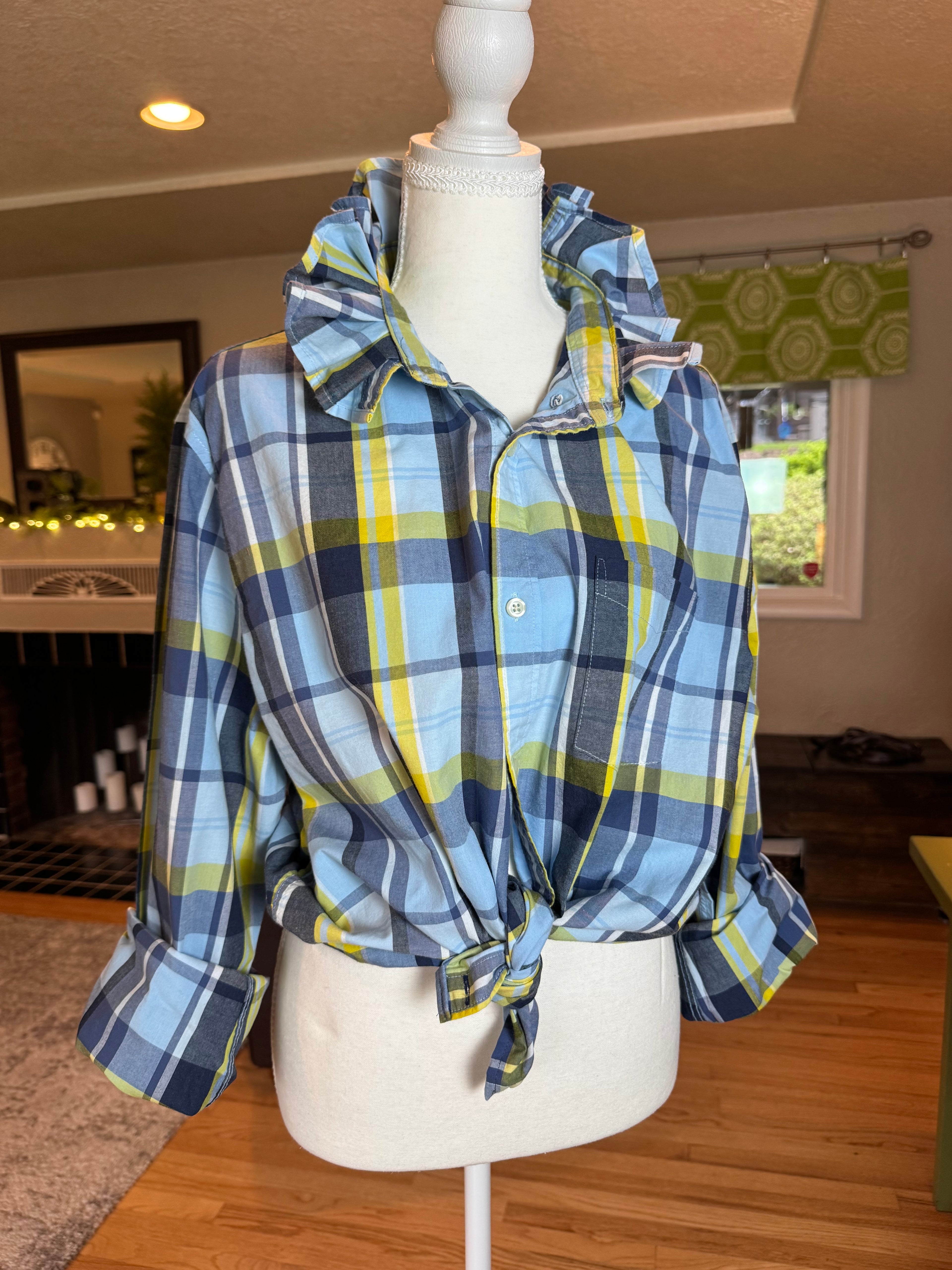 SOLD Delaney - Gap Upcycled Mens Ruffle Collar Shirt - green plaid - Size Large