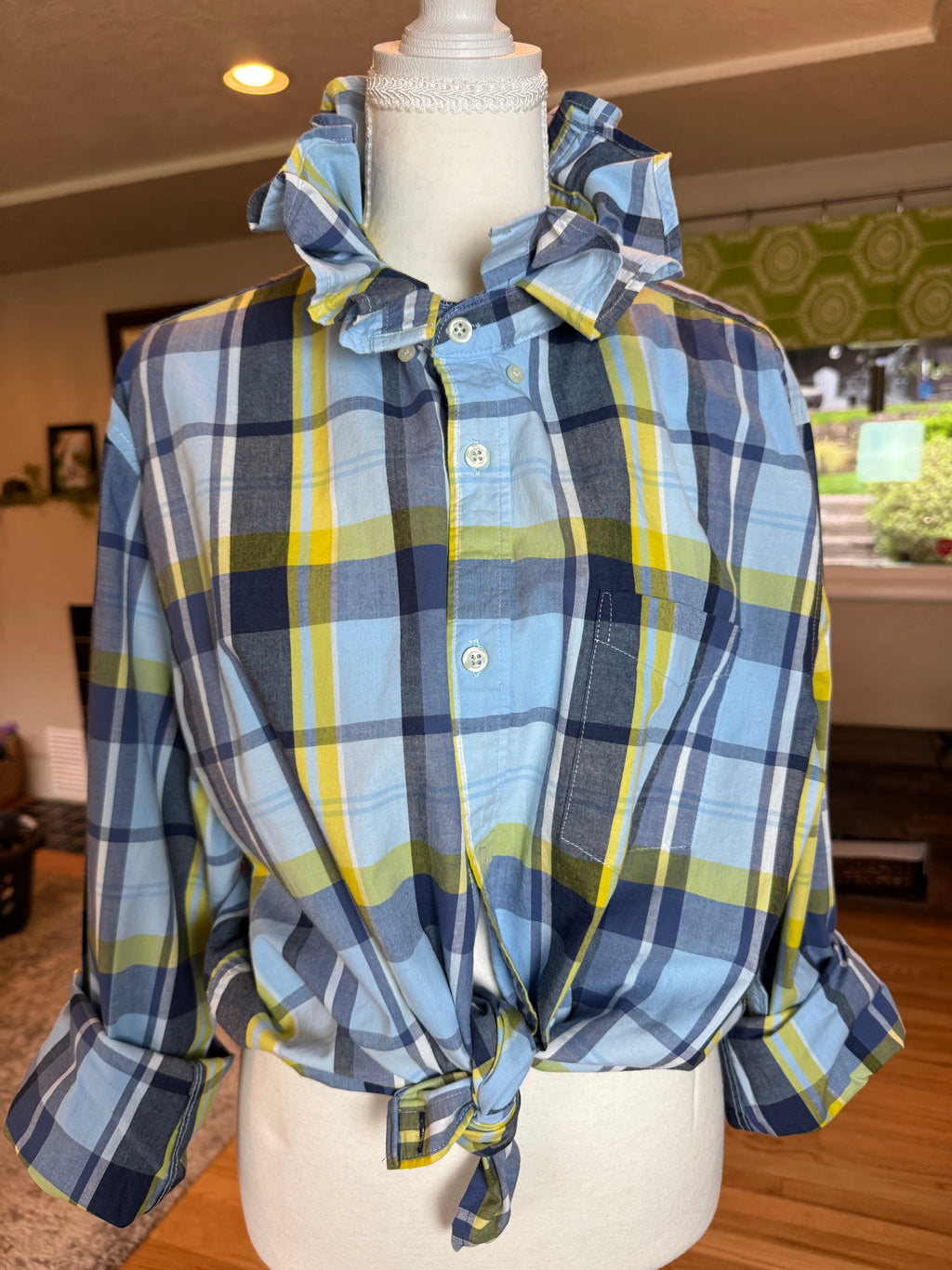 SOLD Delaney - Gap Upcycled Mens Ruffle Collar Shirt - green plaid - Size Large