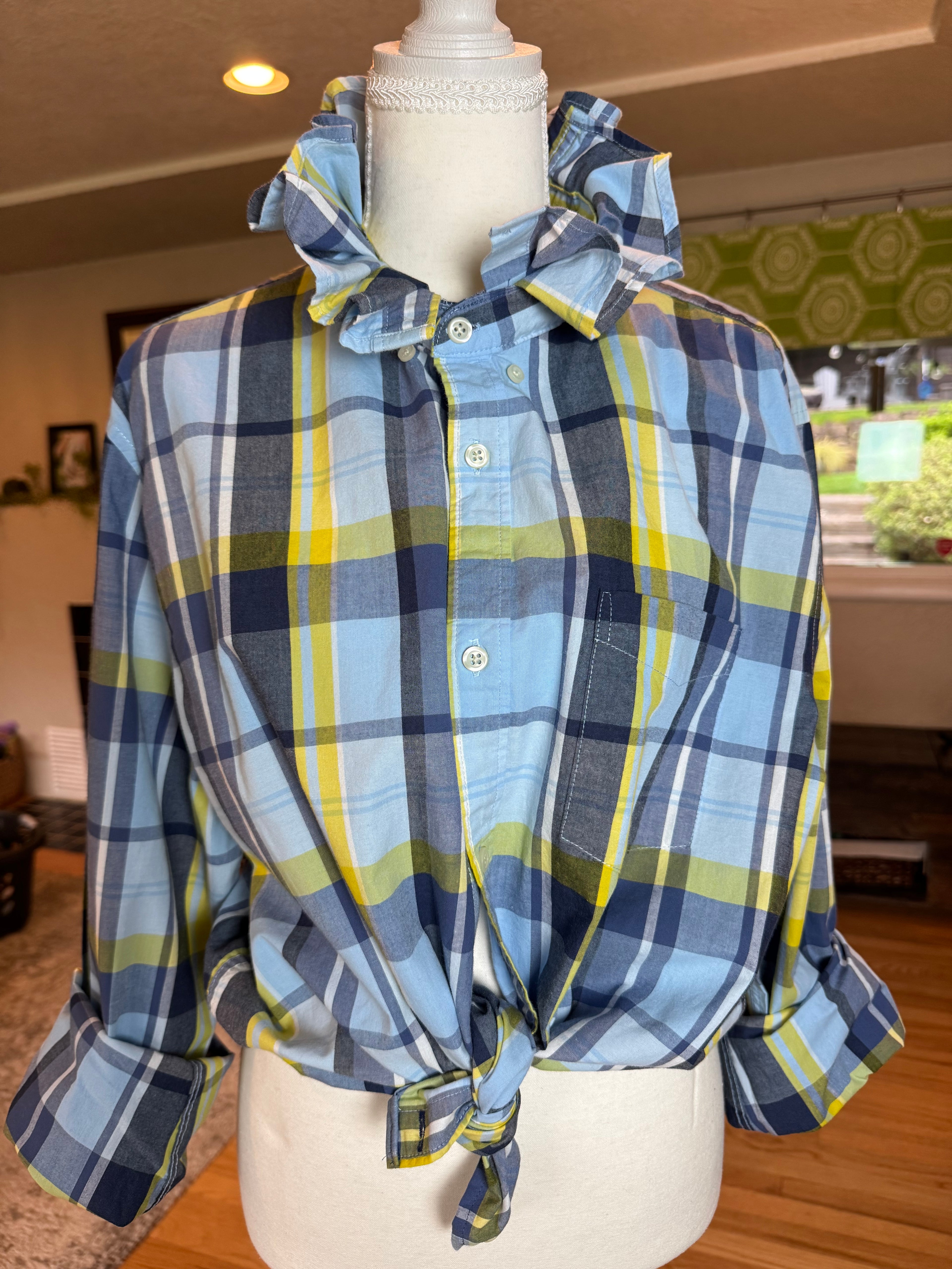 SOLD Delaney - Gap Upcycled Mens Ruffle Collar Shirt - green plaid - Size Large