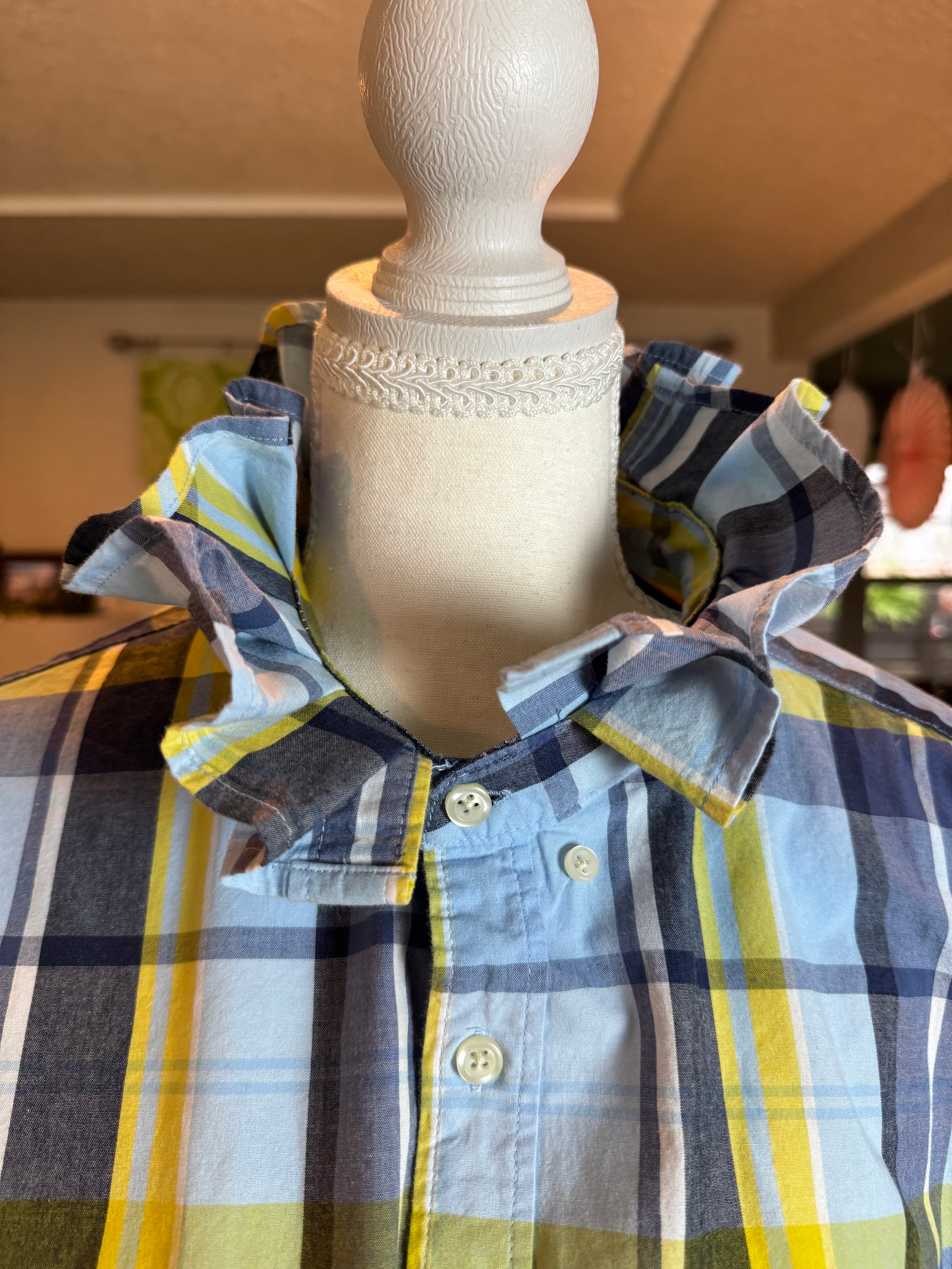 SOLD Delaney - Gap Upcycled Mens Ruffle Collar Shirt - green plaid - Size Large