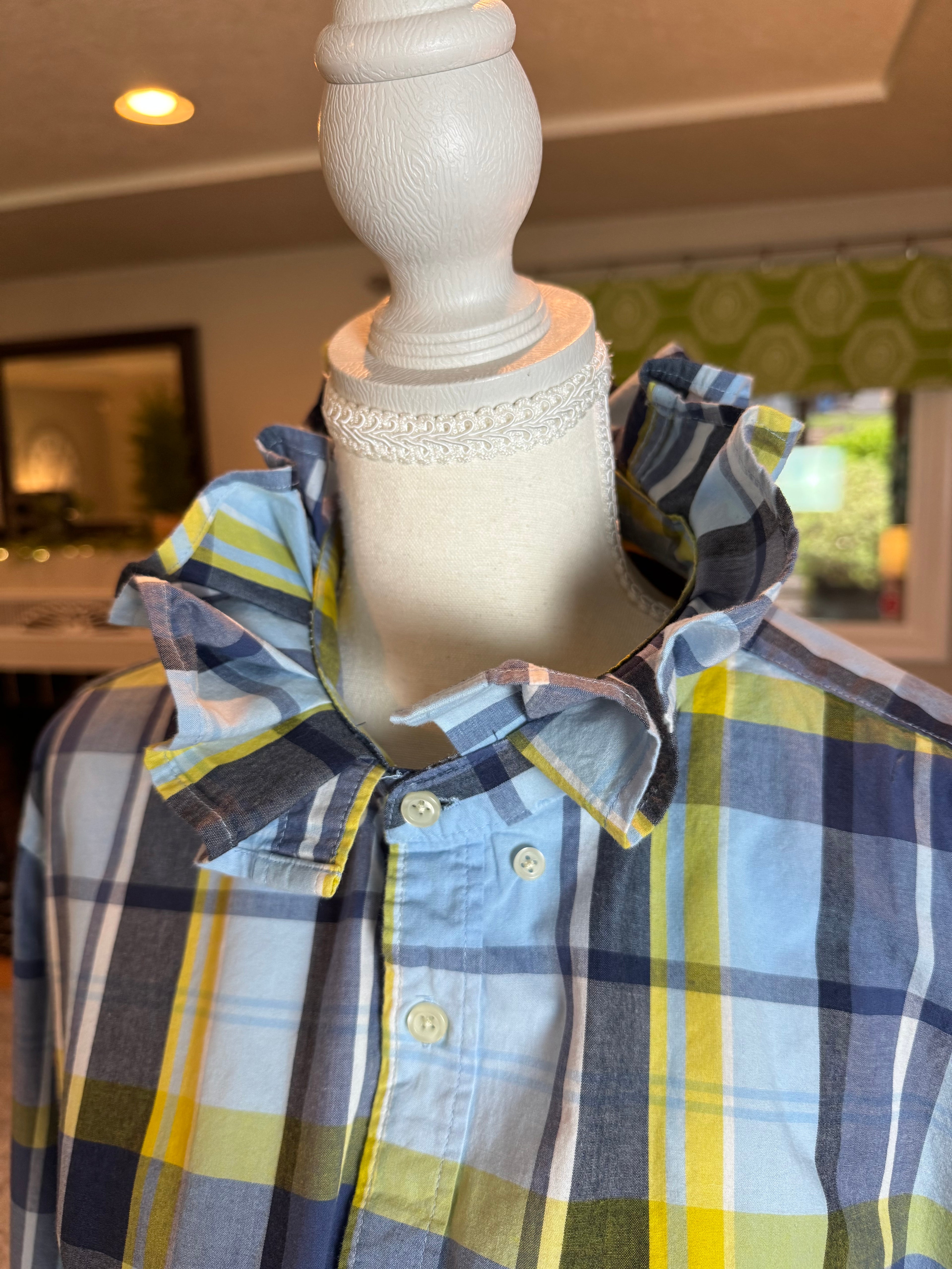 SOLD Delaney - Gap Upcycled Mens Ruffle Collar Shirt - green plaid - Size Large