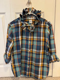 Ronin - Gap Upcycled Mens Ruffle Collar Shirt - navy blue/orange/white plaid - Size Medium