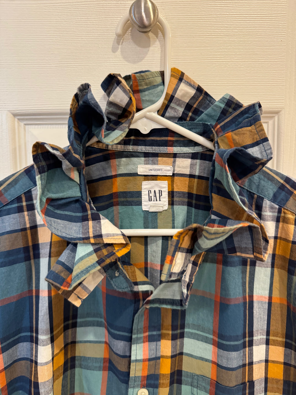Ronin - Gap Upcycled Mens Ruffle Collar Shirt - navy blue/orange/white plaid - Size Medium