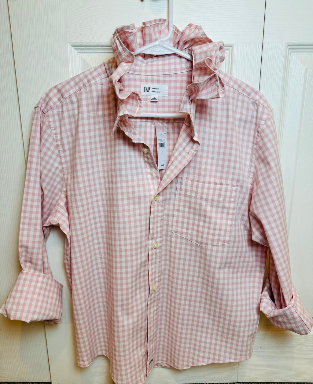 Andie - Brand New Gap Upcycled Men's shirt with Ruffle Collar Pink Gingham Women's Size Medium