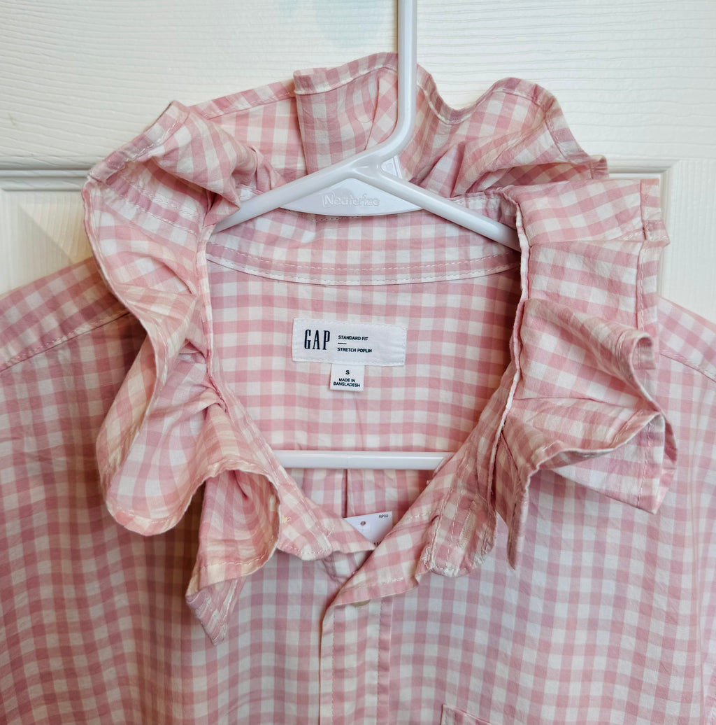 Andie - Brand New Gap Upcycled Men's shirt with Ruffle Collar Pink Gingham Women's Size Medium