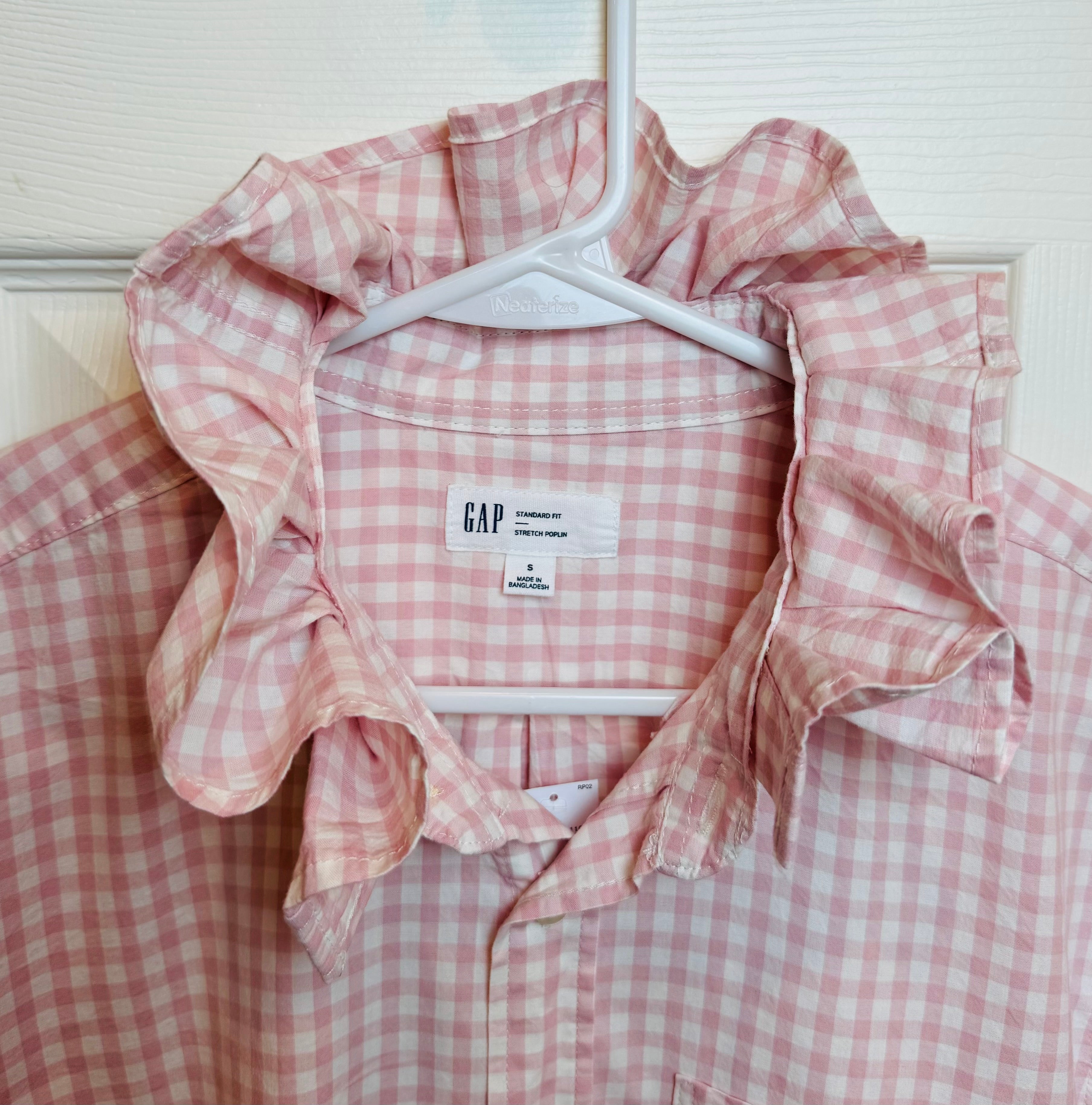 Andie - Brand New Gap Upcycled Men's shirt with Ruffle Collar Pink Gingham Women's Size XL