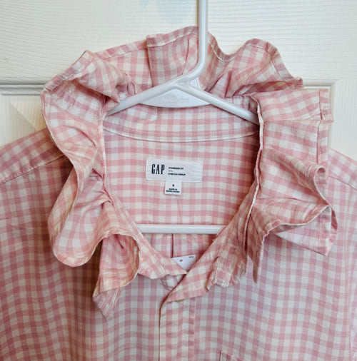 Andie - Brand New Gap Upcycled Men's shirt with Ruffle Collar Pink Gingham Women's Size XL