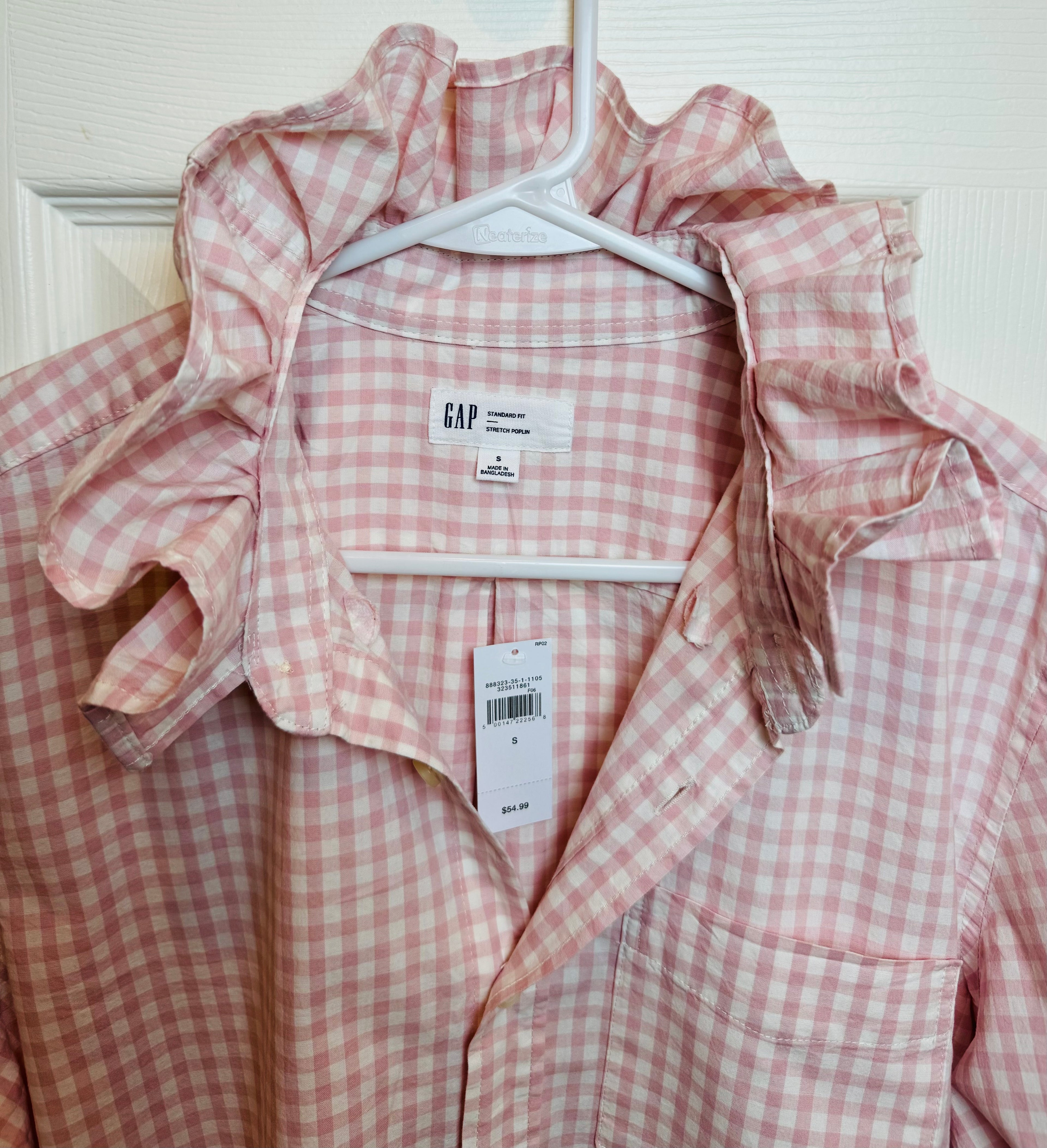 Andie - Brand New Gap Upcycled Men's shirt with Ruffle Collar Pink Gingham Women's Size Large