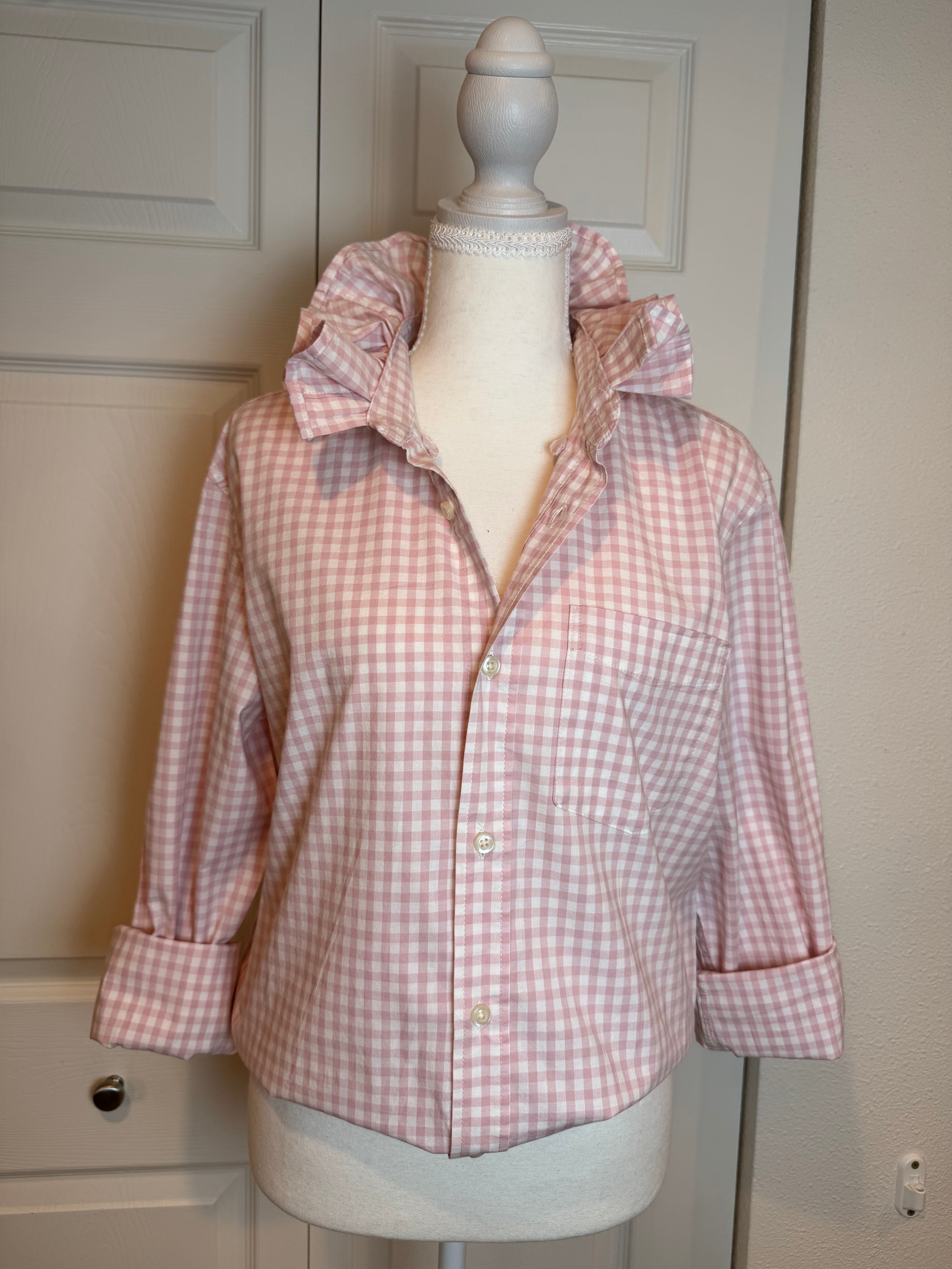 Andie - Brand New Gap Upcycled Men's shirt with Ruffle Collar Pink Gingham Women's Size Medium