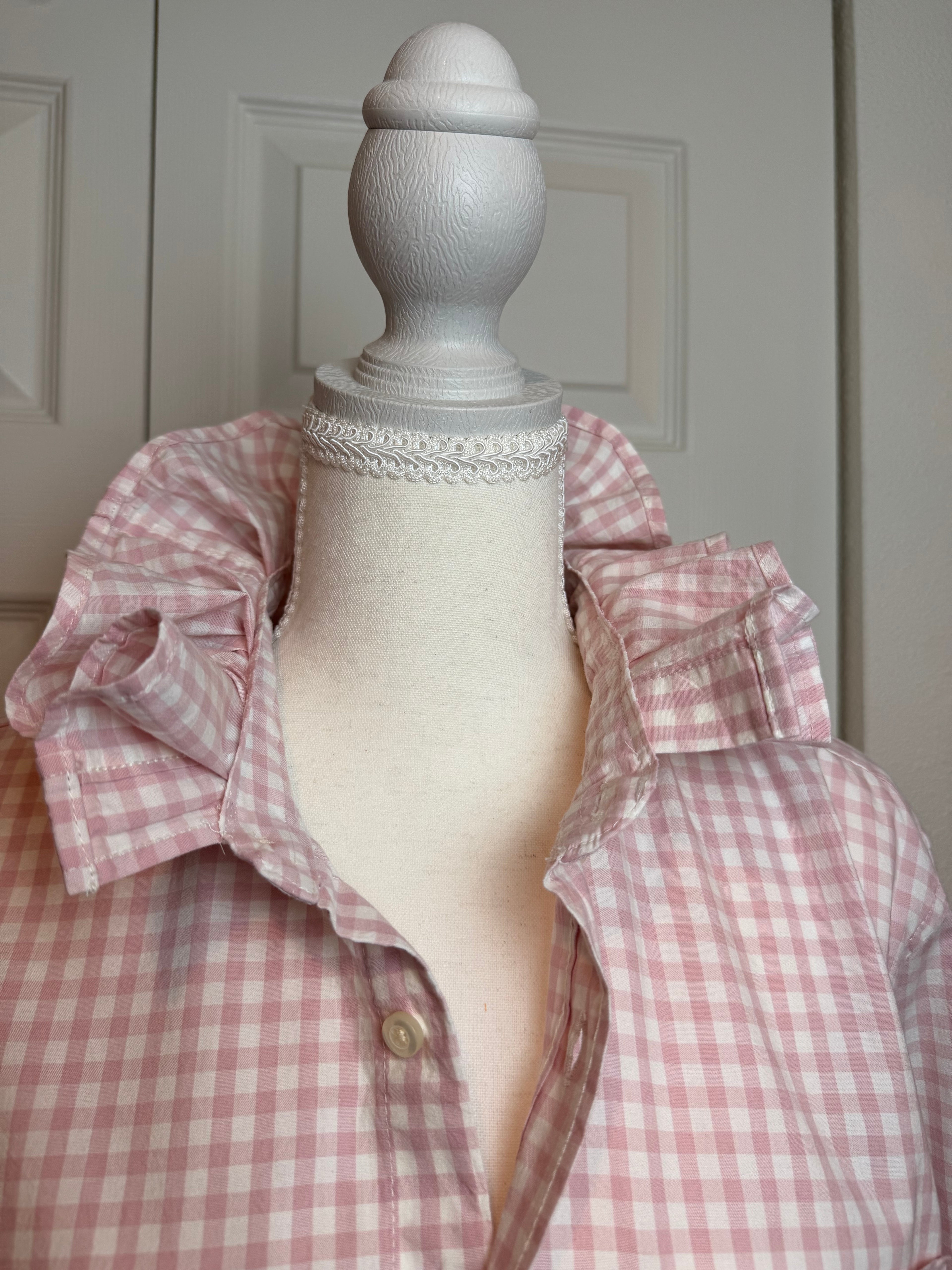Andie - Brand New Gap Upcycled Men's shirt with Ruffle Collar Pink Gingham Women's Size Medium