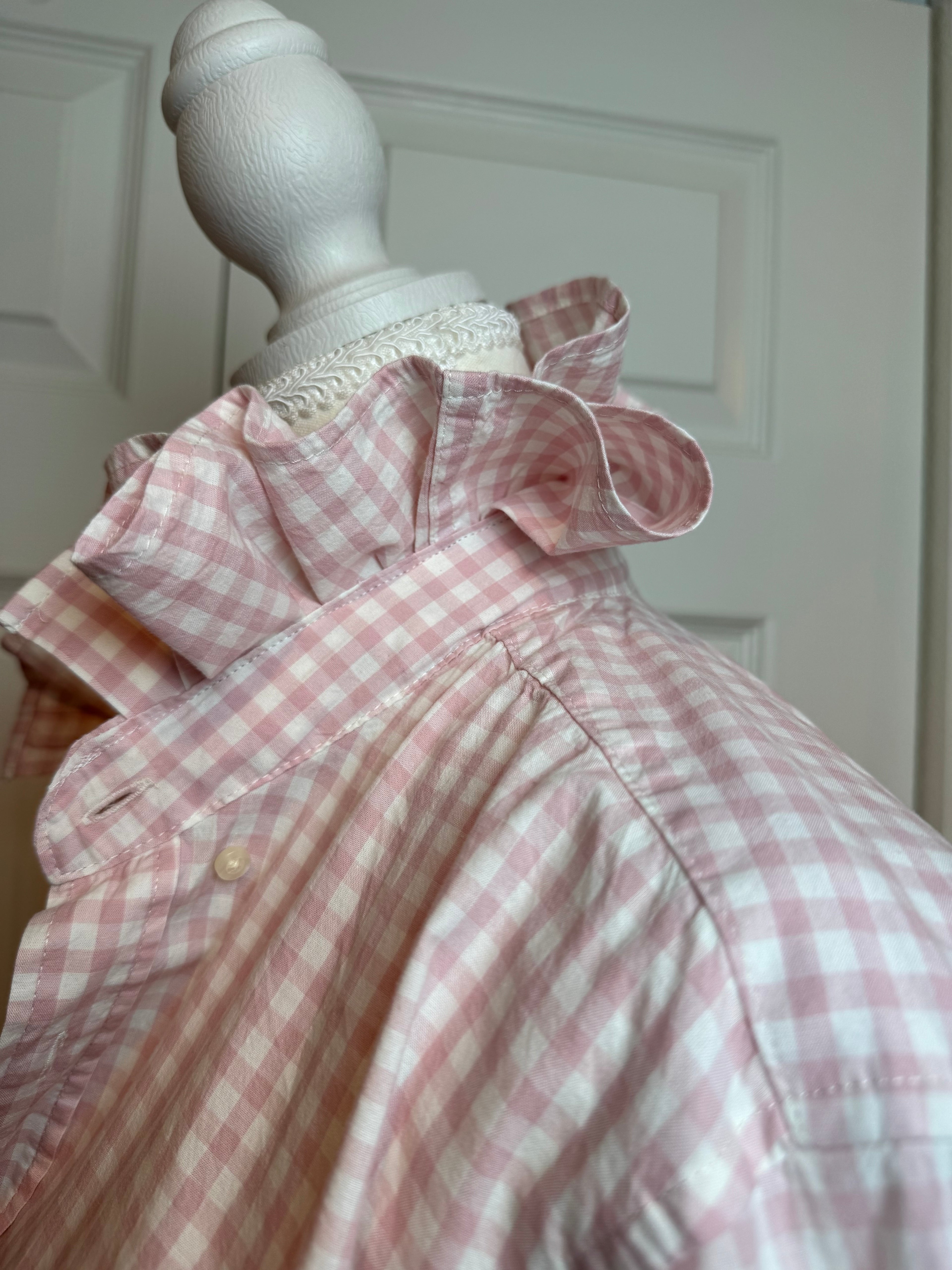Andie - Brand New Gap Upcycled Men's shirt with Ruffle Collar Pink Gingham Women's Size Medium