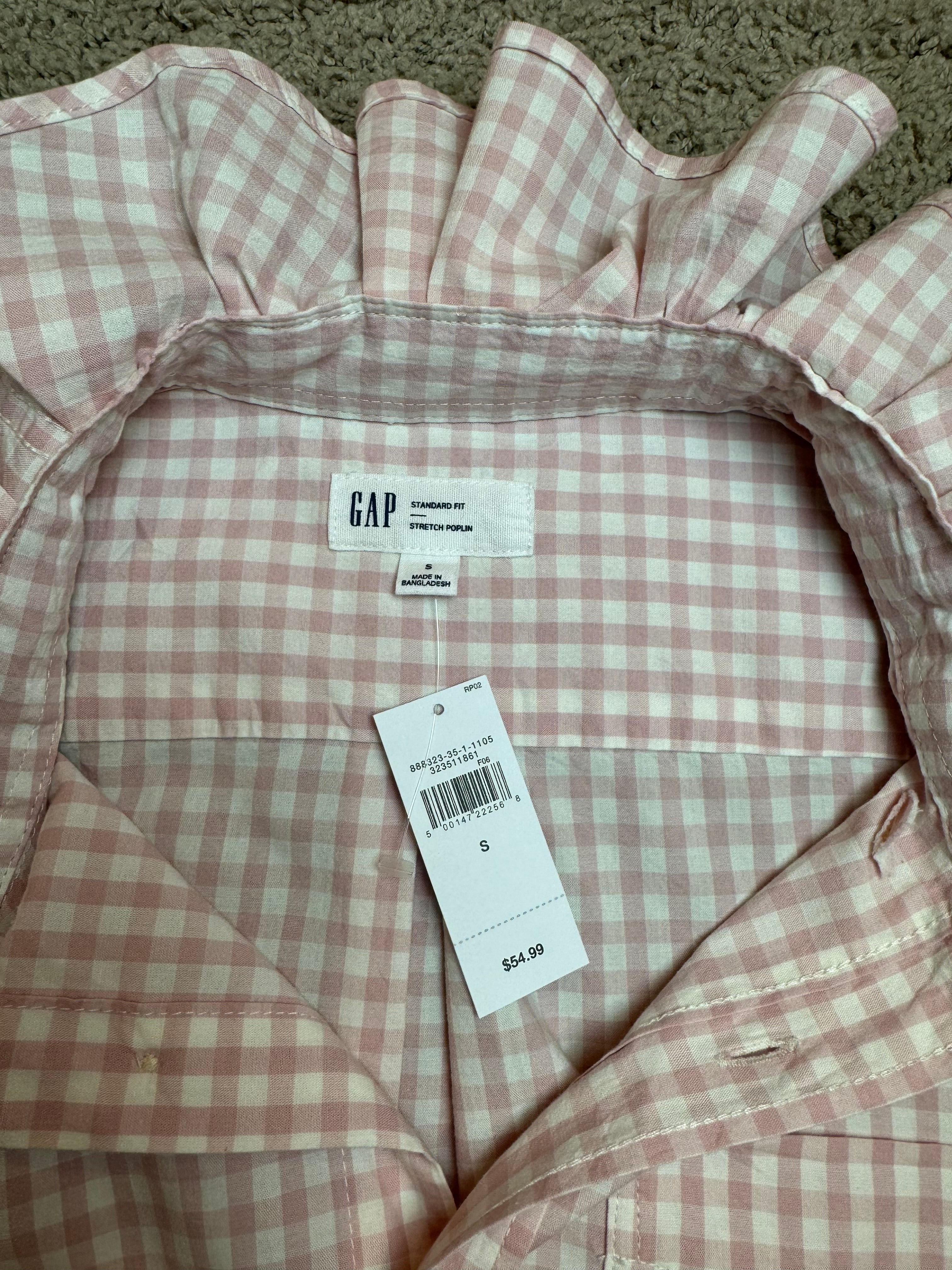 Andie - Brand New Gap Upcycled Men's shirt with Ruffle Collar Pink Gingham Women's Size Medium