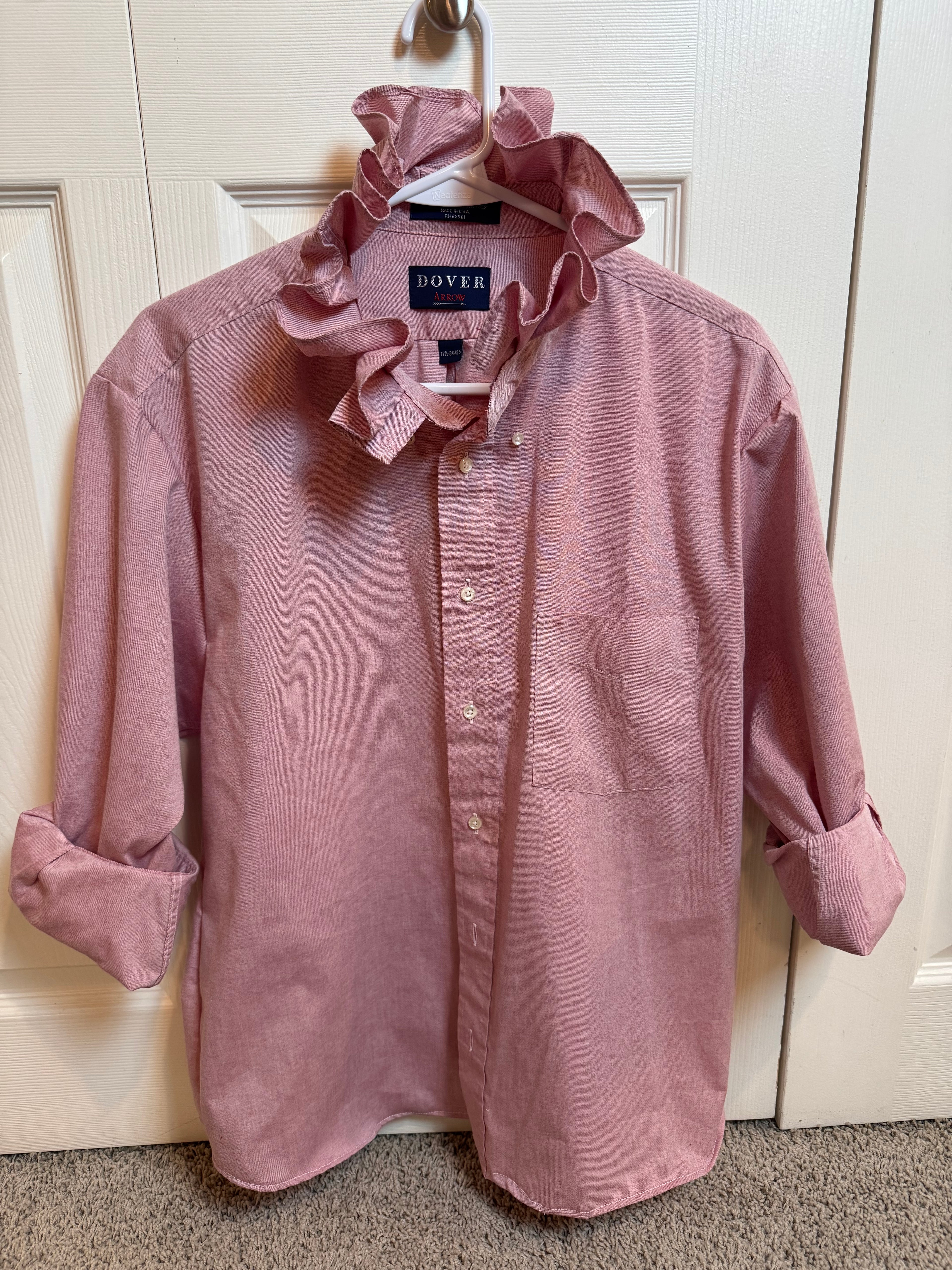 SOLD Sabrina - Dover Upcycled Mens Ruffle Collar Shirt - Pink Chambray - Size Medium