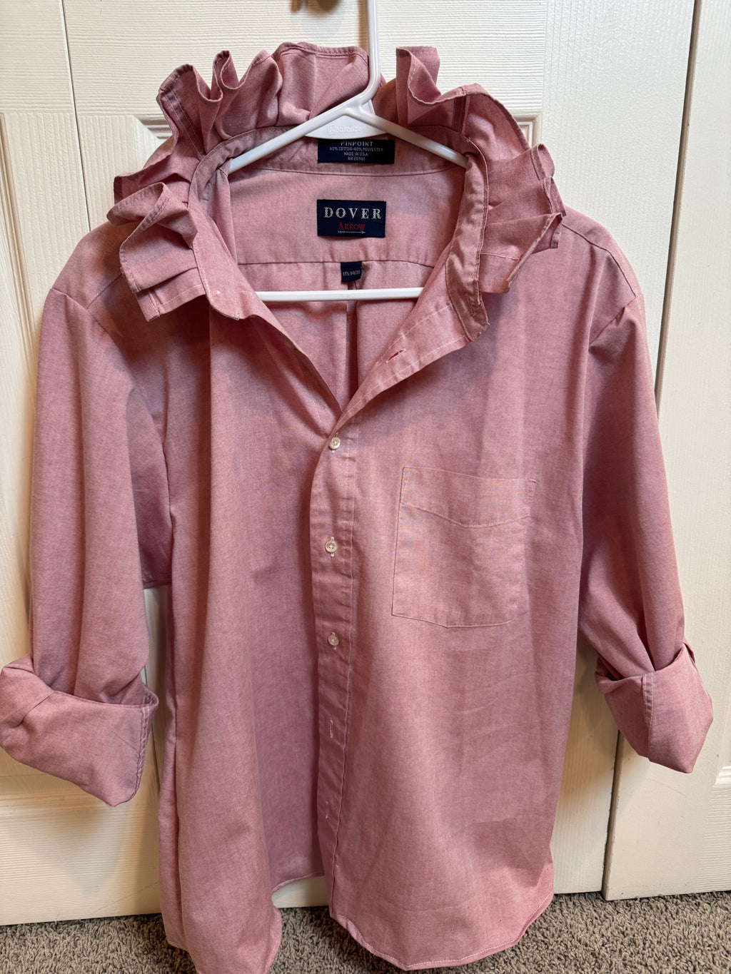 SOLD Sabrina - Dover Upcycled Mens Ruffle Collar Shirt - Pink Chambray - Size Medium