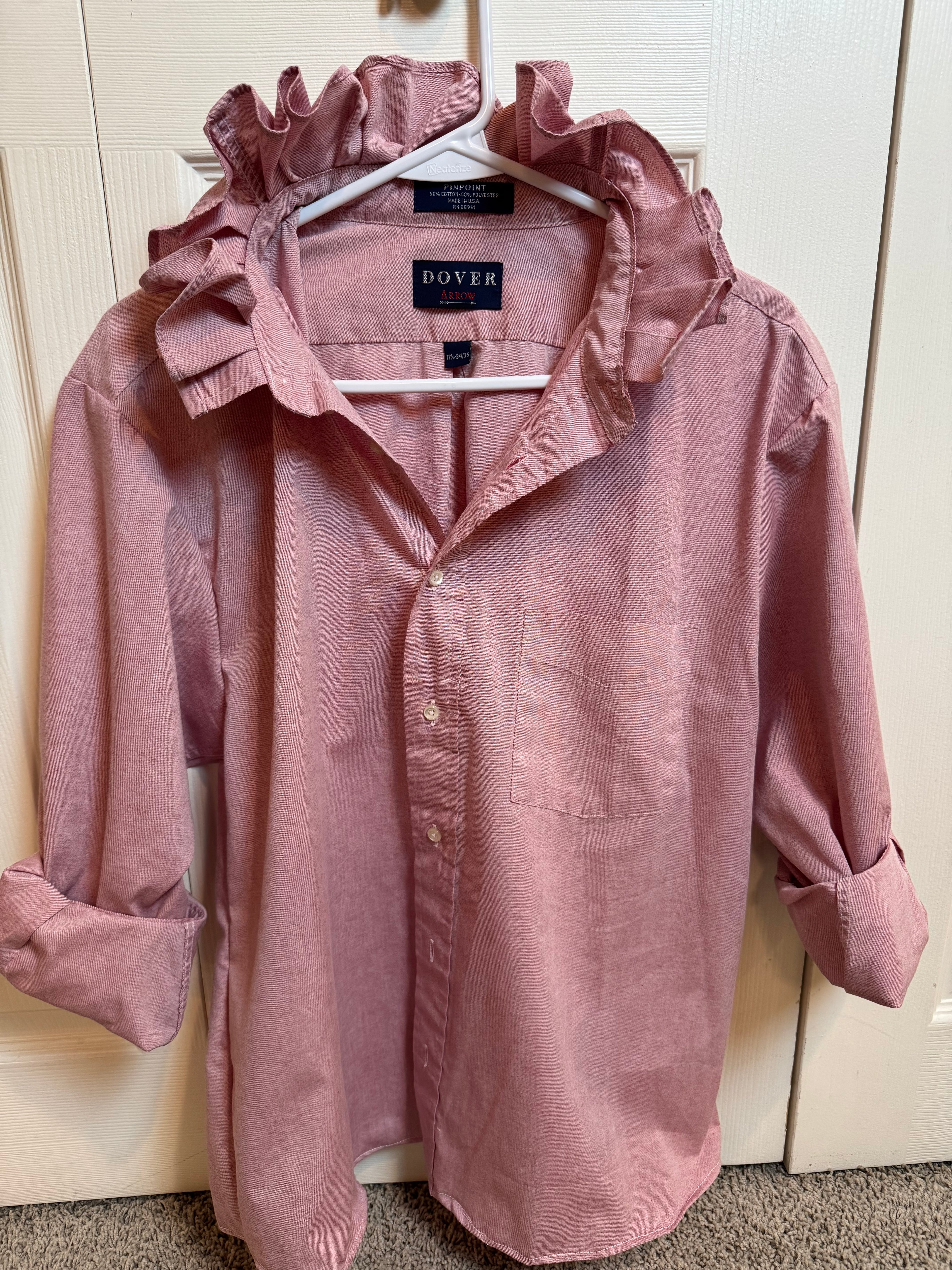 SOLD Sabrina - Dover Upcycled Mens Ruffle Collar Shirt - Pink Chambray - Size Medium