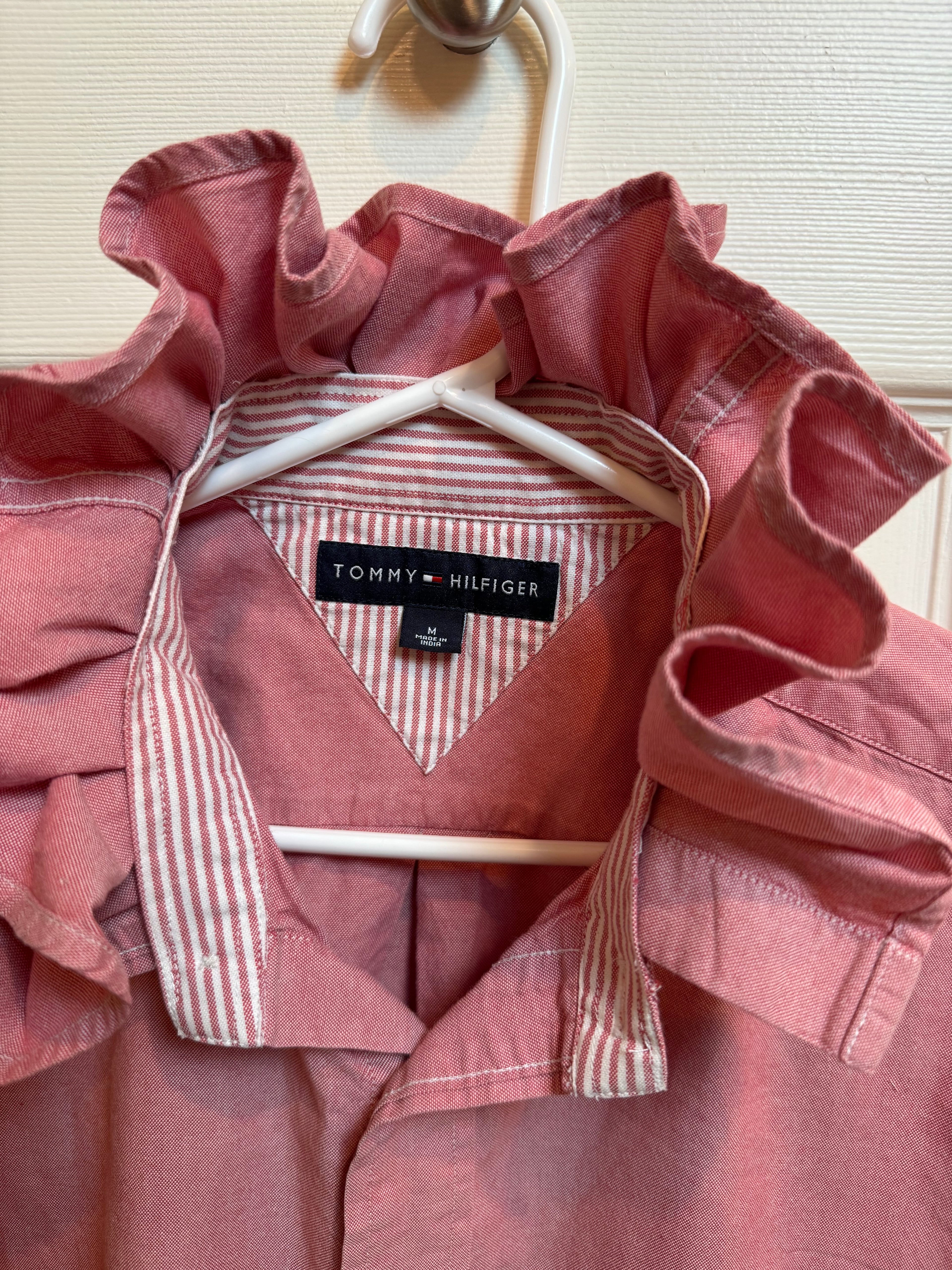 SOLD Kelly - Tommy Hilfiger Upcycled Mens Ruffle Collar Shirt - Pink Chambray - Size Large