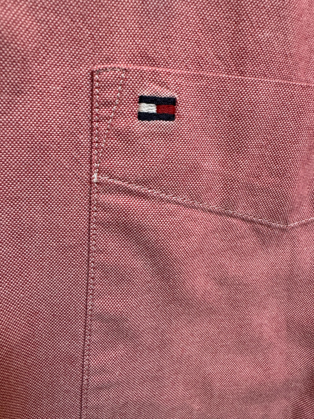 SOLD Kelly - Tommy Hilfiger Upcycled Mens Ruffle Collar Shirt - Pink Chambray - Size Large