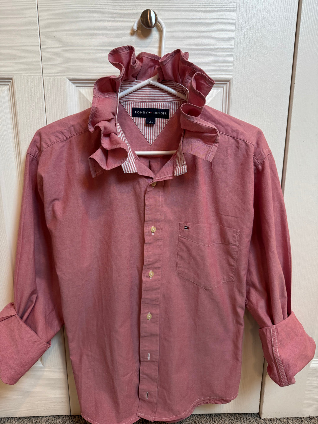 SOLD Kelly - Tommy Hilfiger Upcycled Mens Ruffle Collar Shirt - Pink Chambray - Size Large
