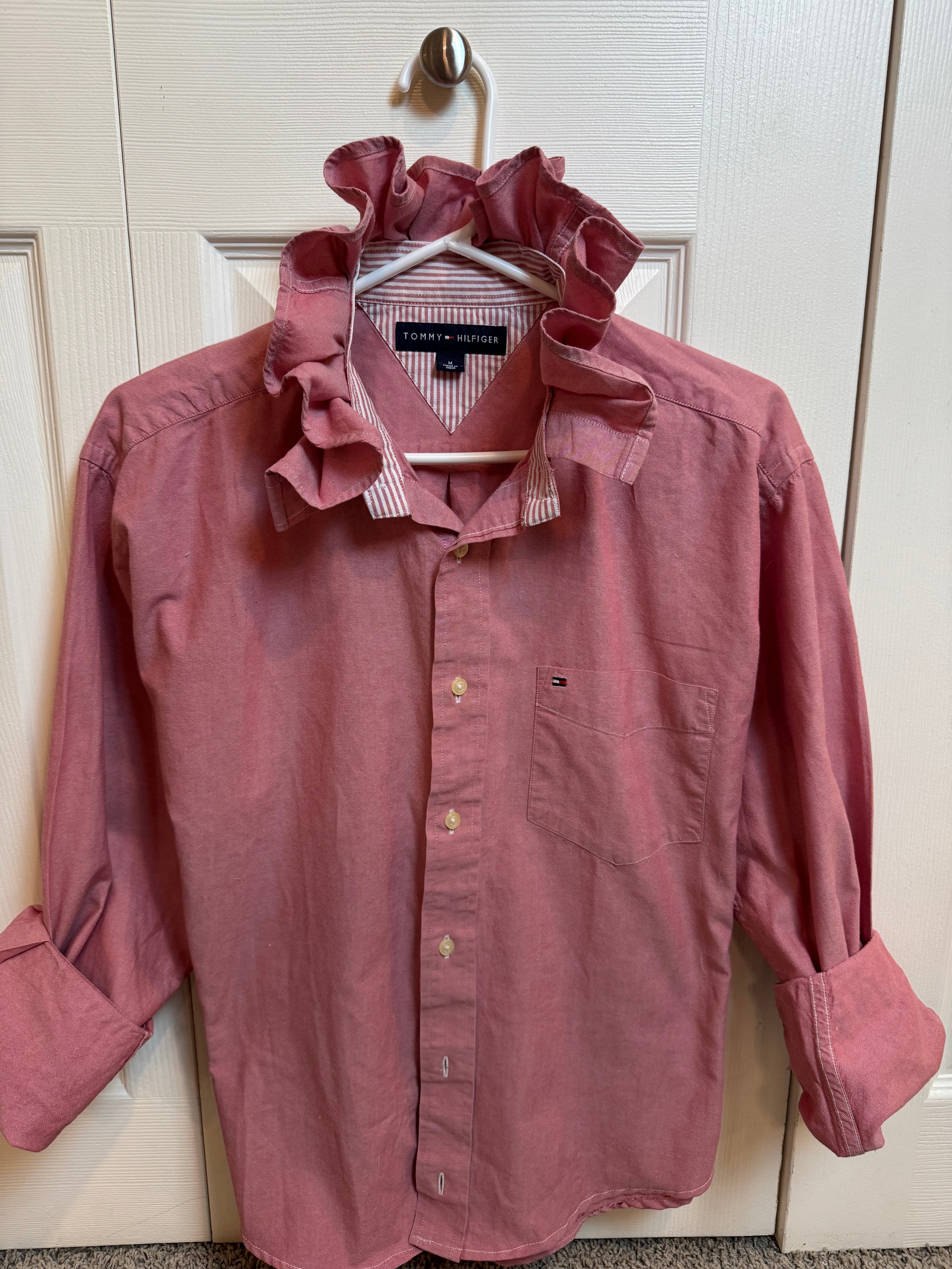 SOLD Kelly - Tommy Hilfiger Upcycled Mens Ruffle Collar Shirt - Pink Chambray - Size Large