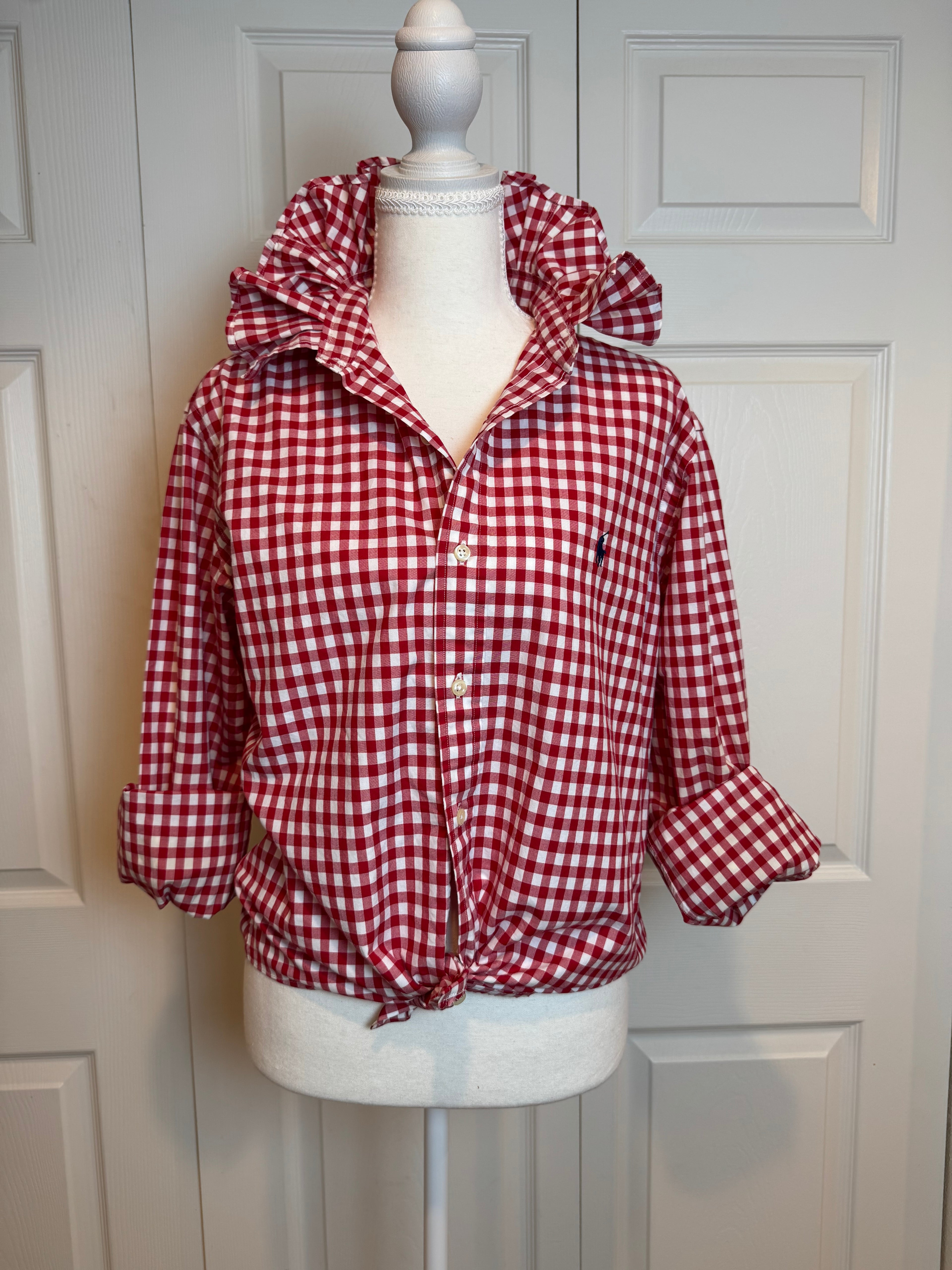SOLD Taylor - Polo Ralph Lauren Upcycled Mens Ruffle Collar Shirt - Red Gingham - Size Large