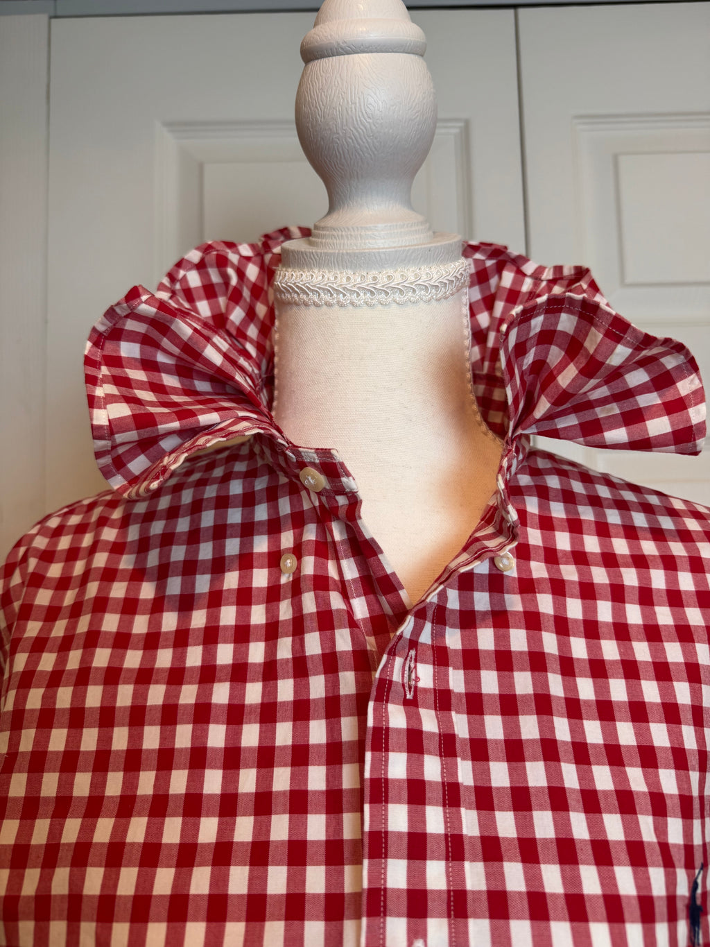 SOLD Taylor - Polo Ralph Lauren Upcycled Mens Ruffle Collar Shirt - Red Gingham - Size Large