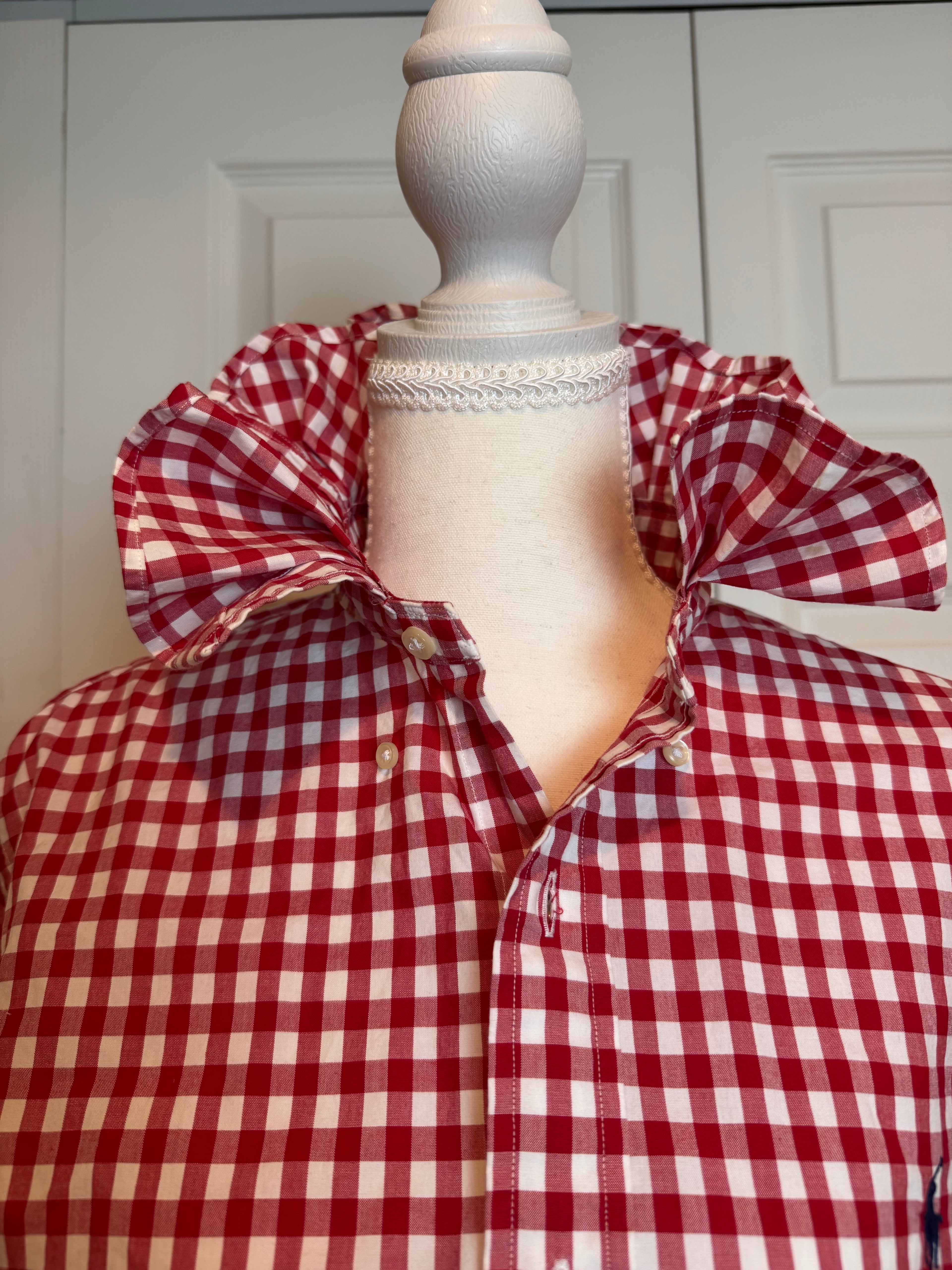 SOLD Taylor - Polo Ralph Lauren Upcycled Mens Ruffle Collar Shirt - Red Gingham - Size Large