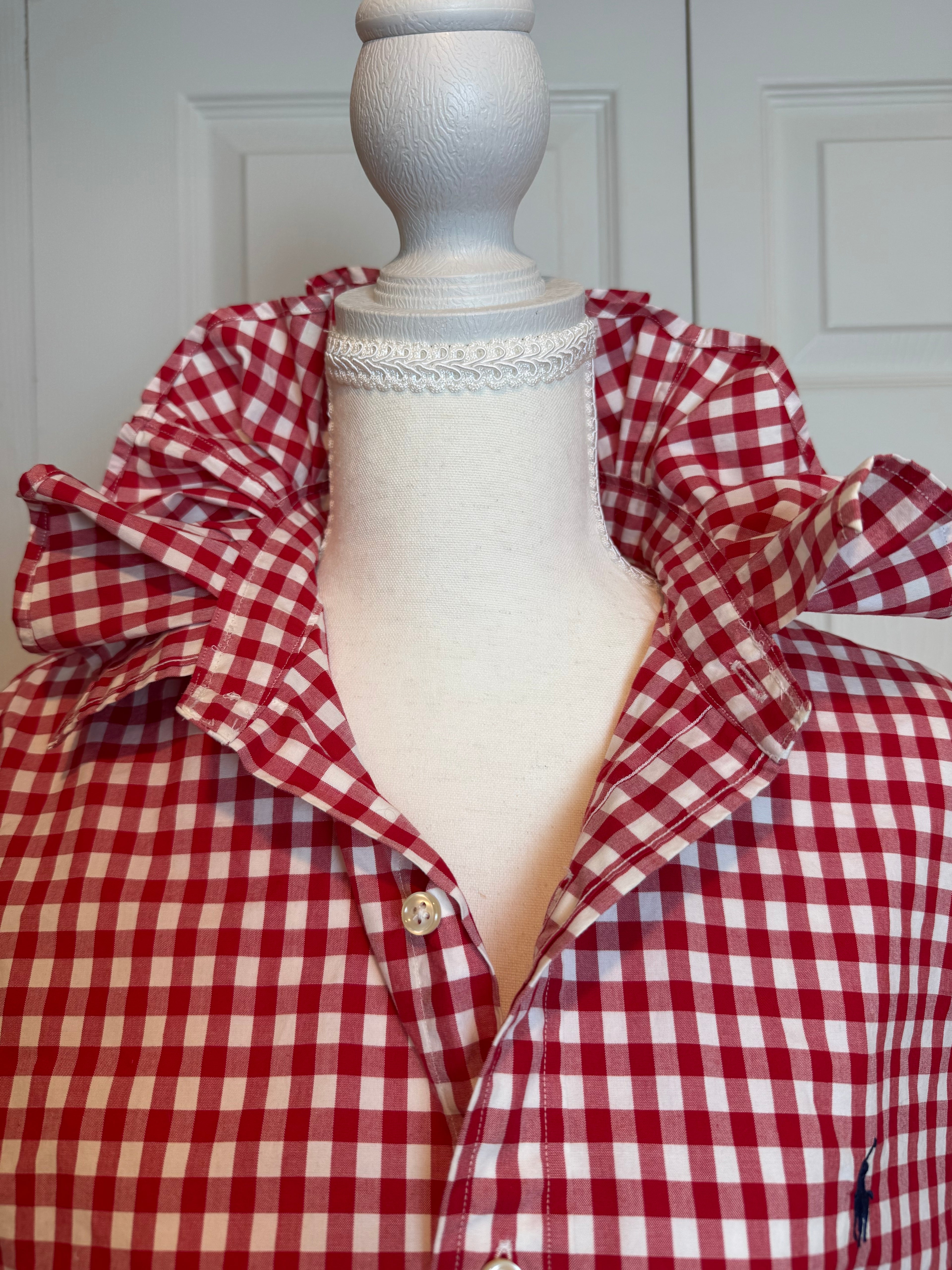SOLD Taylor - Polo Ralph Lauren Upcycled Mens Ruffle Collar Shirt - Red Gingham - Size Large