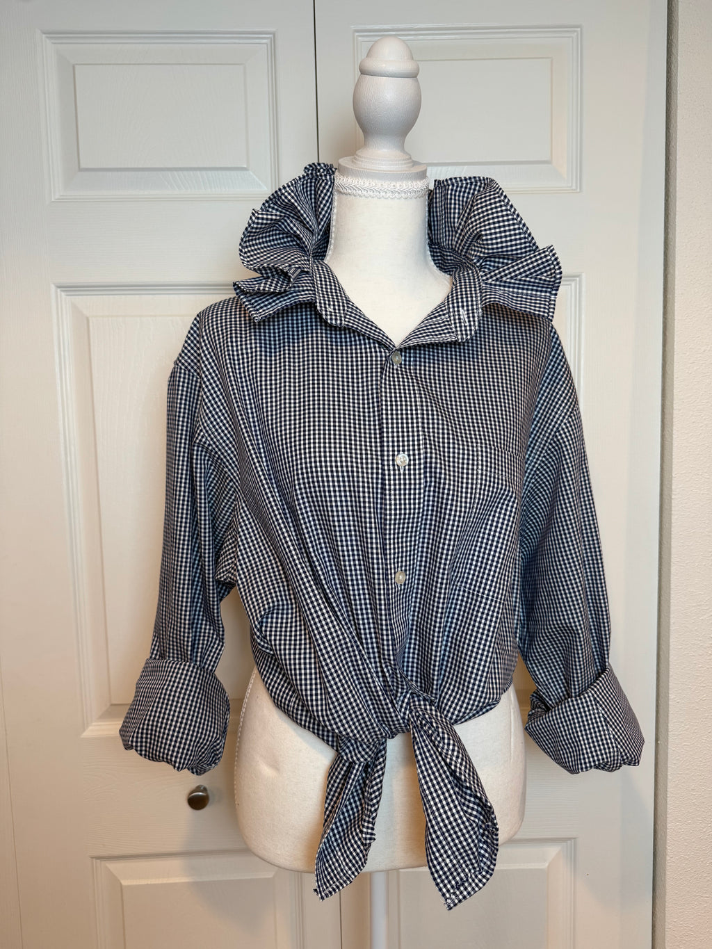 SOLD Wilma - Lands End Upcycled Mens Ruffle Collar Shirt - Navy Gingham - Size XL
