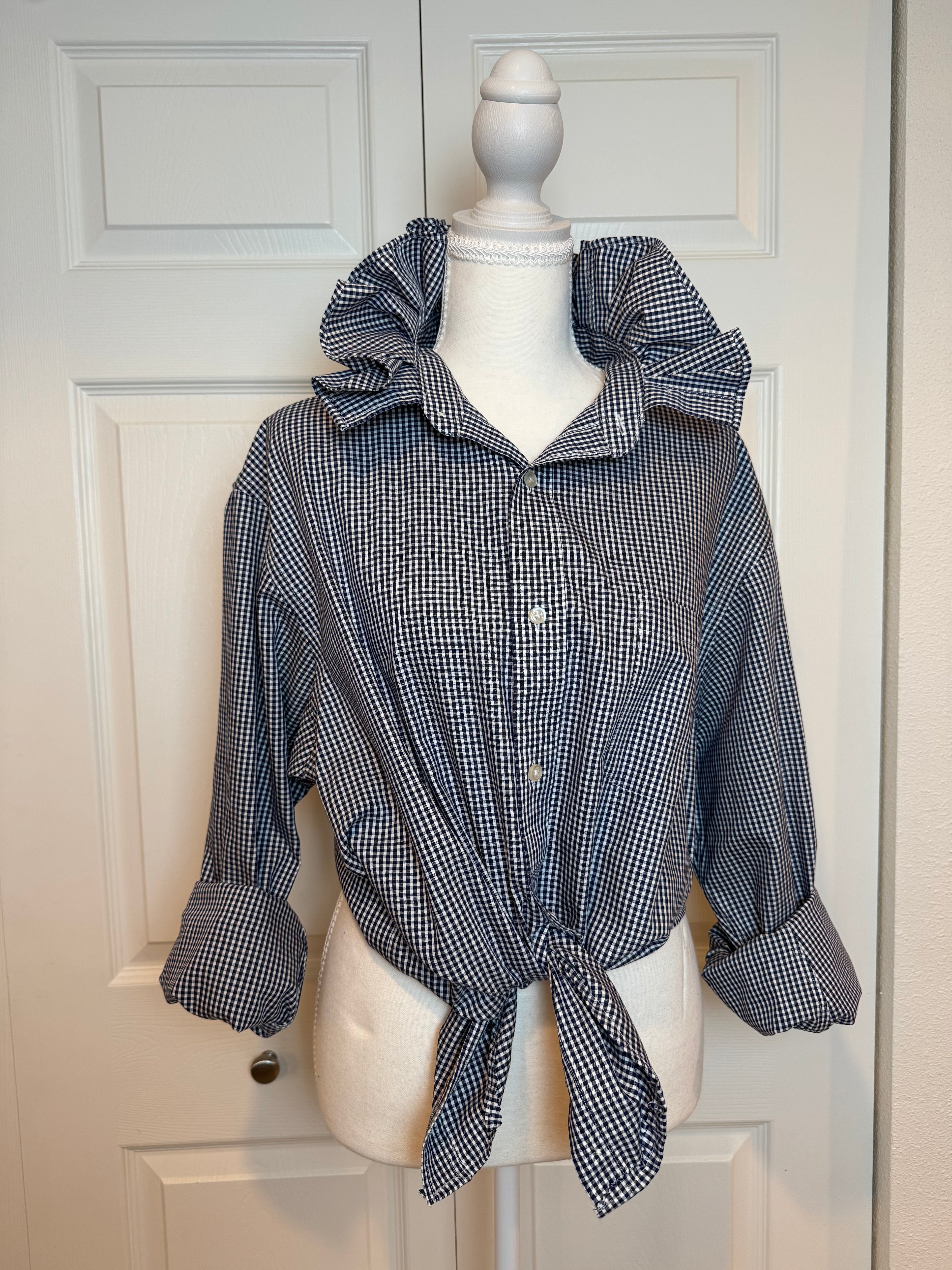 SOLD Wilma - Lands End Upcycled Mens Ruffle Collar Shirt - Navy Gingham - Size XL