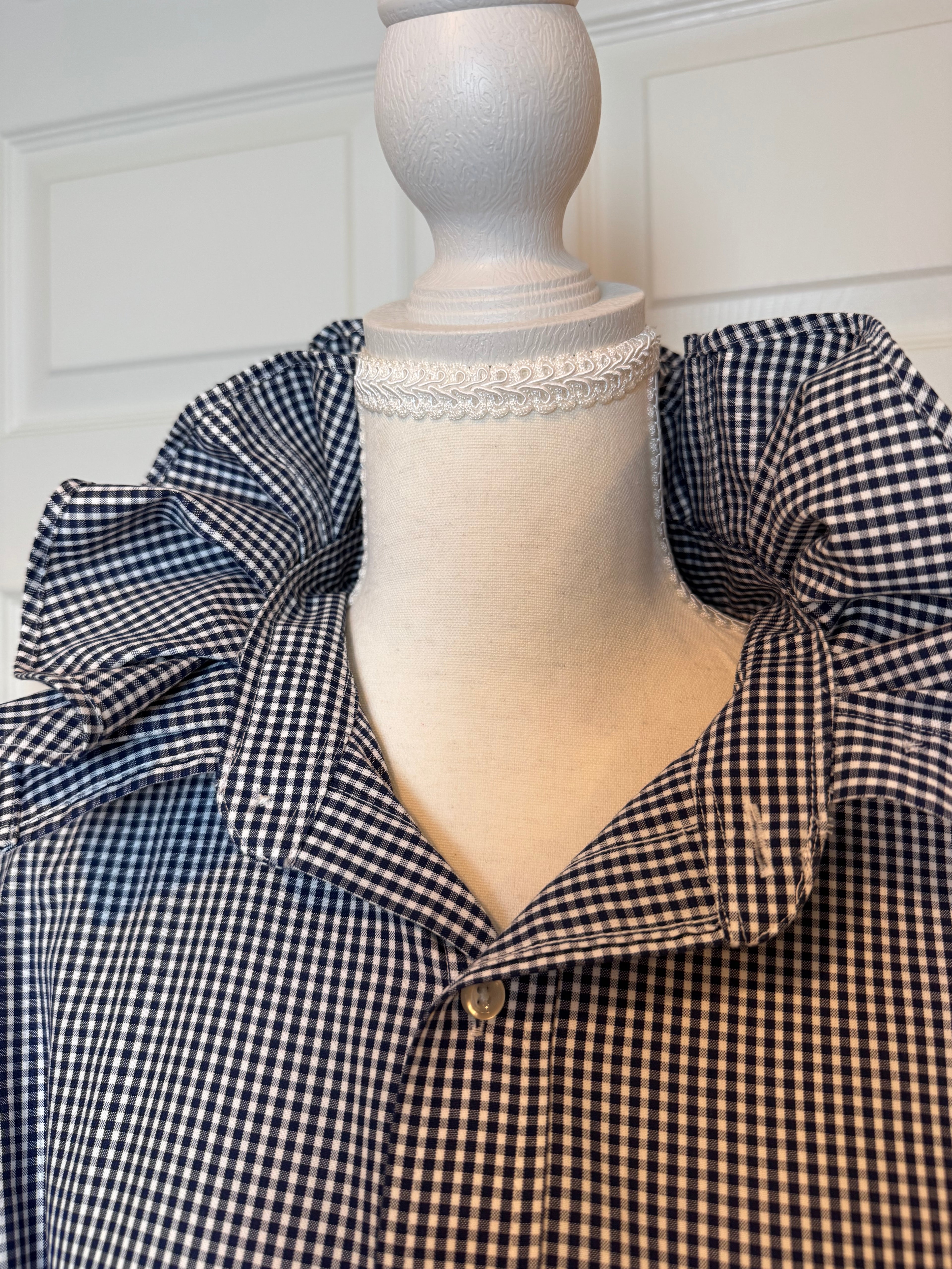 SOLD Wilma - Lands End Upcycled Mens Ruffle Collar Shirt - Navy Gingham - Size XL