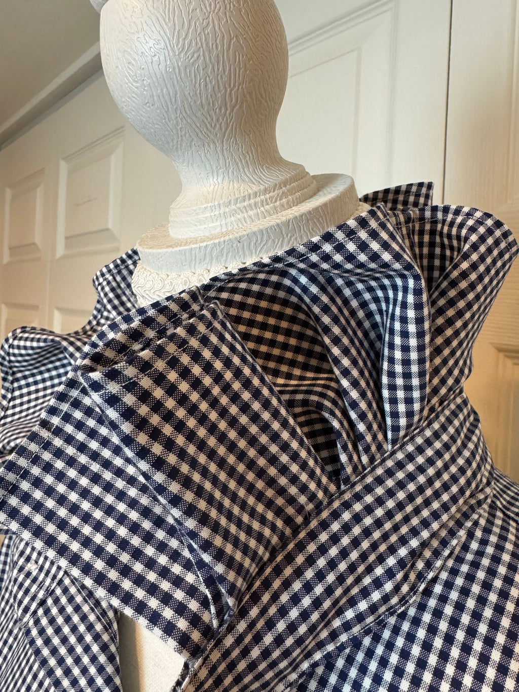SOLD Wilma - Lands End Upcycled Mens Ruffle Collar Shirt - Navy Gingham - Size XL