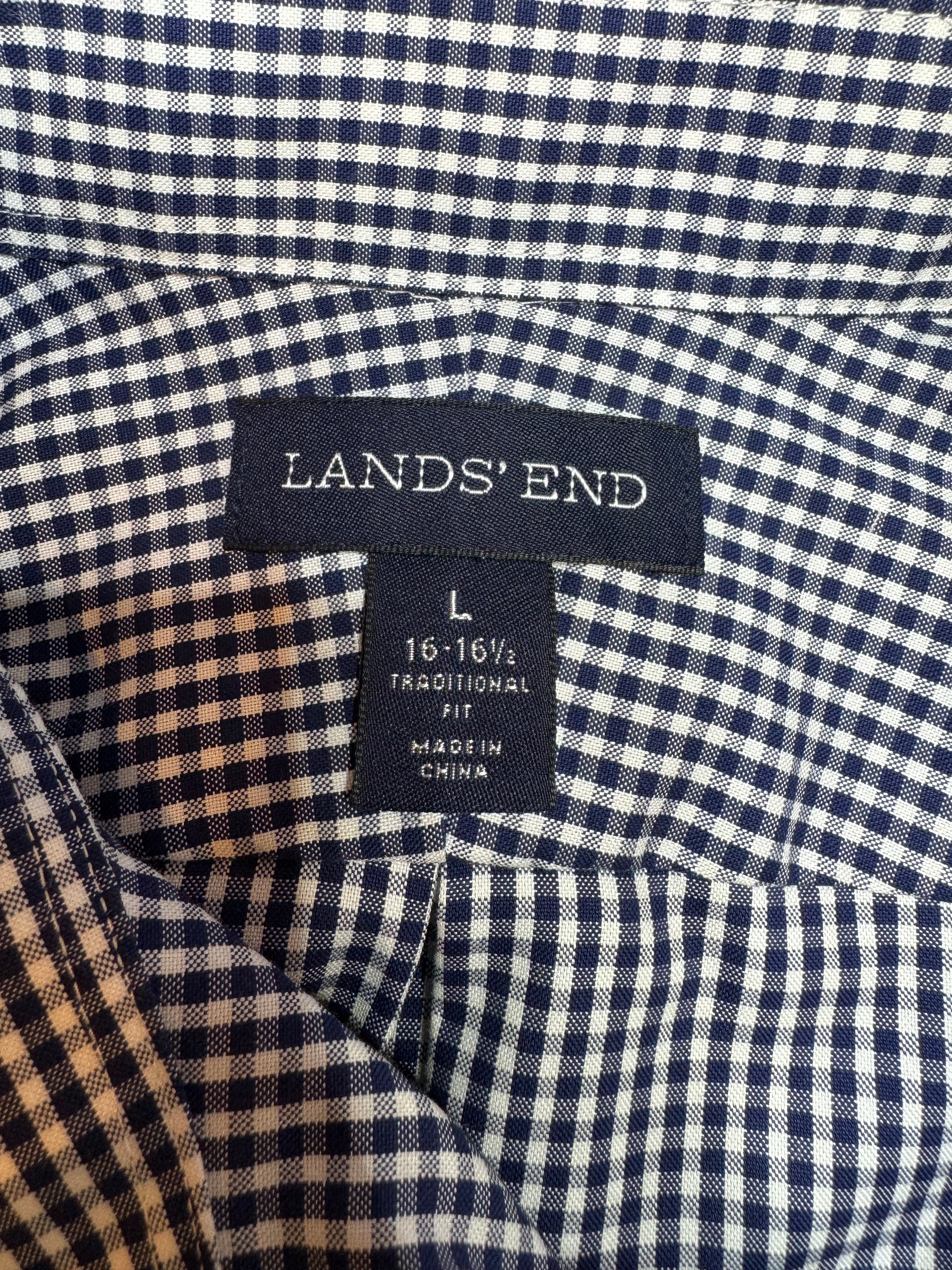 SOLD Wilma - Lands End Upcycled Mens Ruffle Collar Shirt - Navy Gingham - Size XL