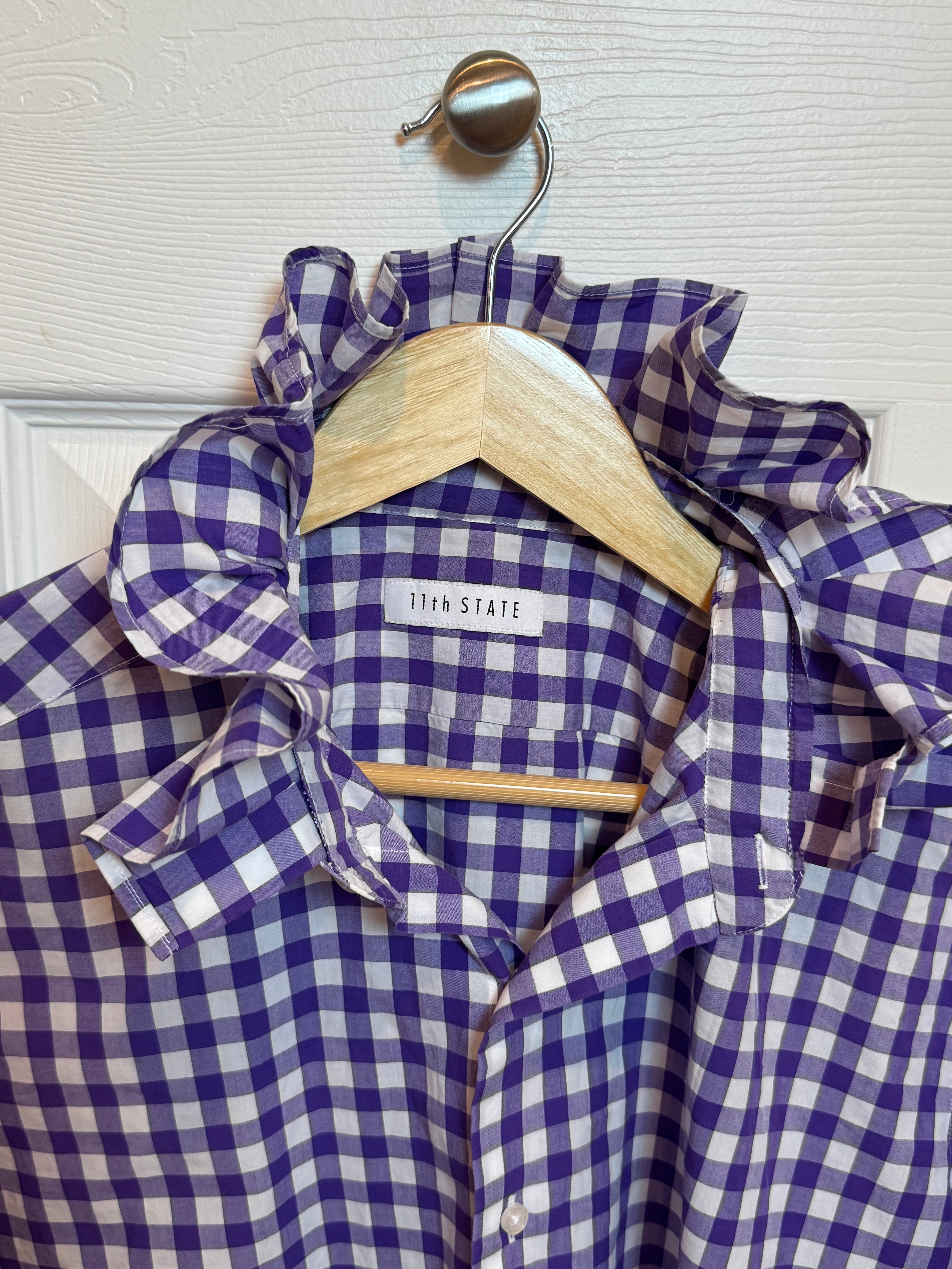 SOLD Kim - NYNE Upcycled Mens Ruffle Collar Shirt - Purple Gingham - Size Large