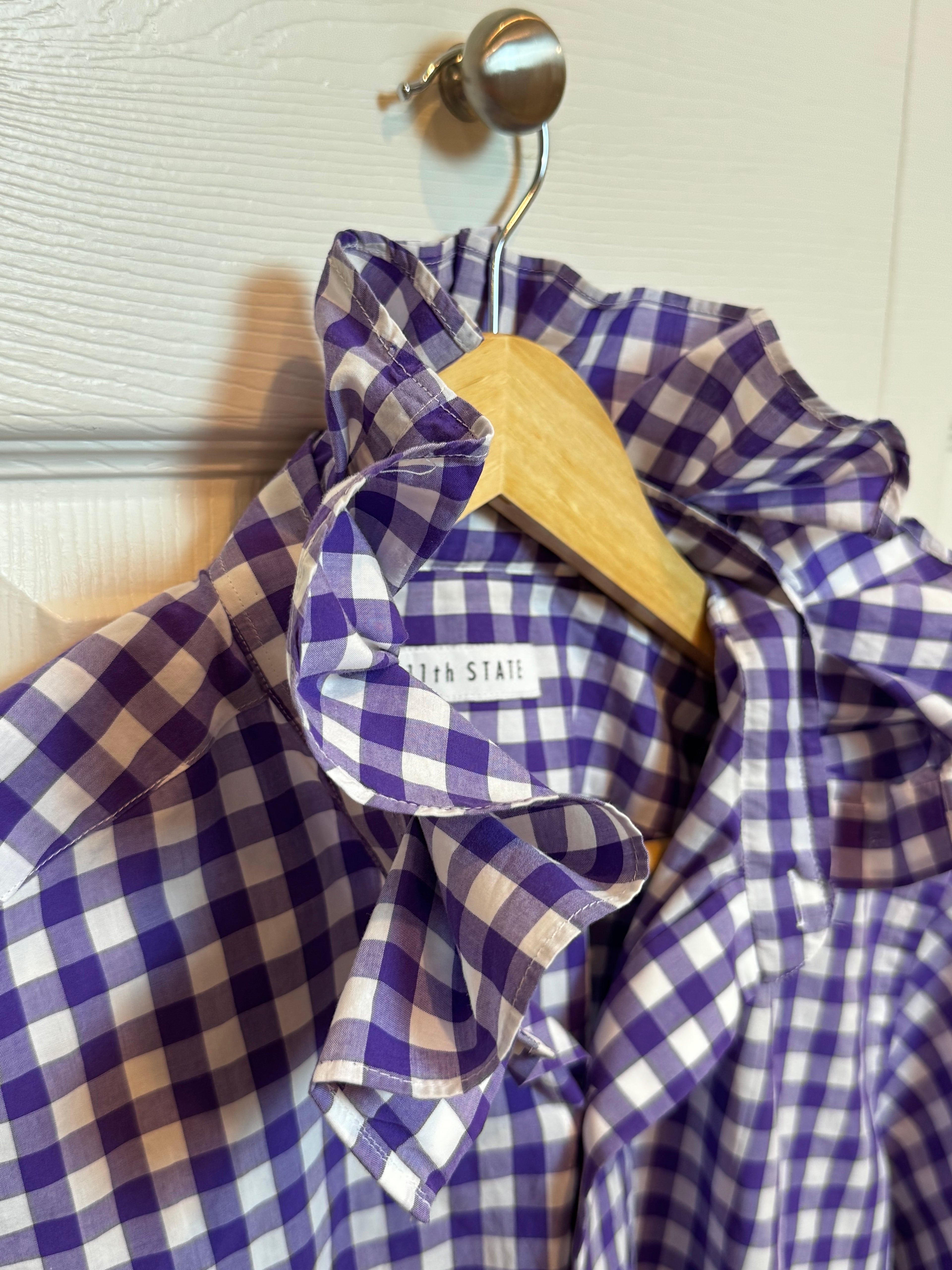 SOLD Kim - NYNE Upcycled Mens Ruffle Collar Shirt - Purple Gingham - Size Large