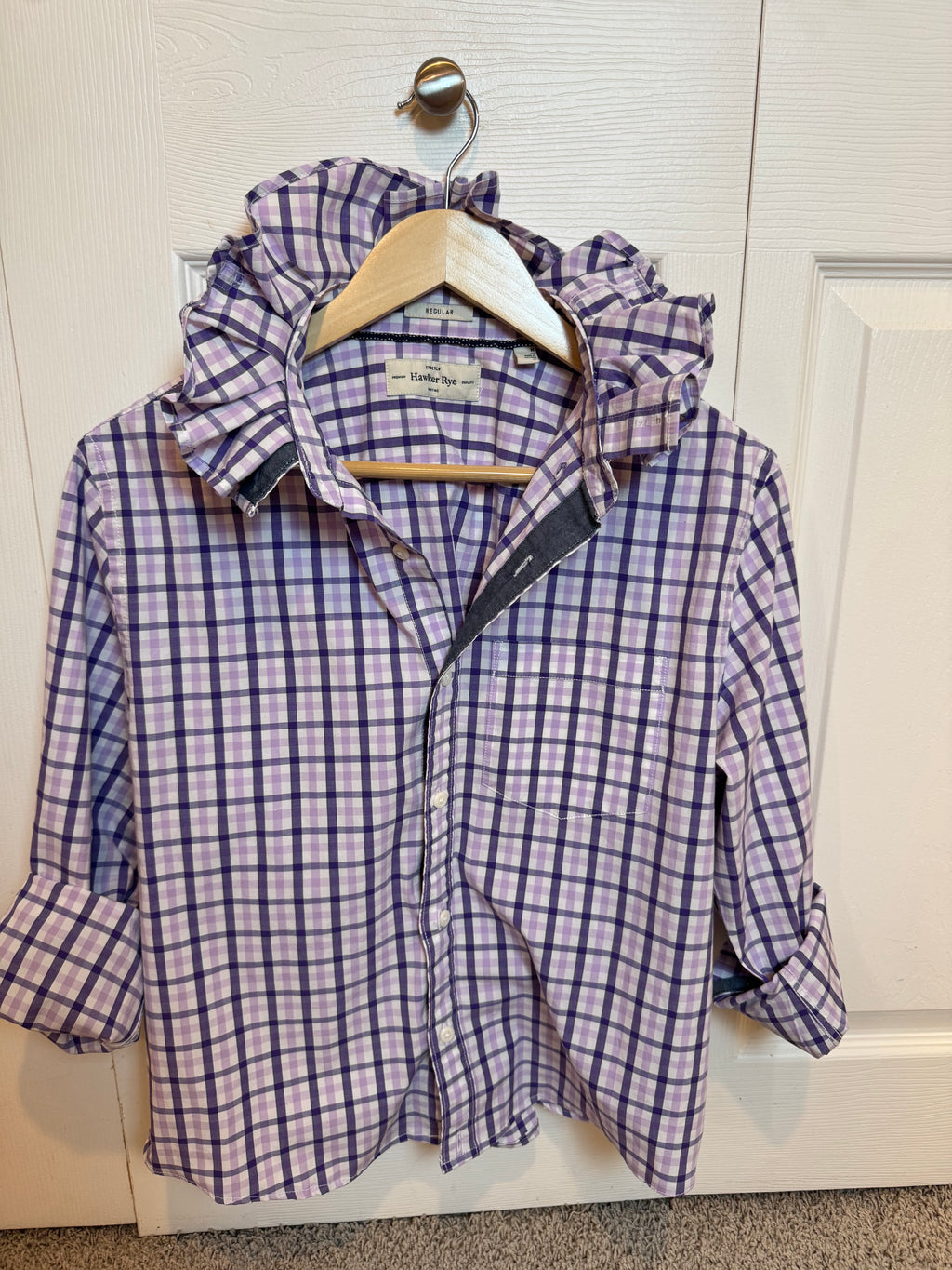 SOLD Tara - Hawker Rye Upcycled Mens Ruffle Collar Shirt - purple plaid - Size Medium