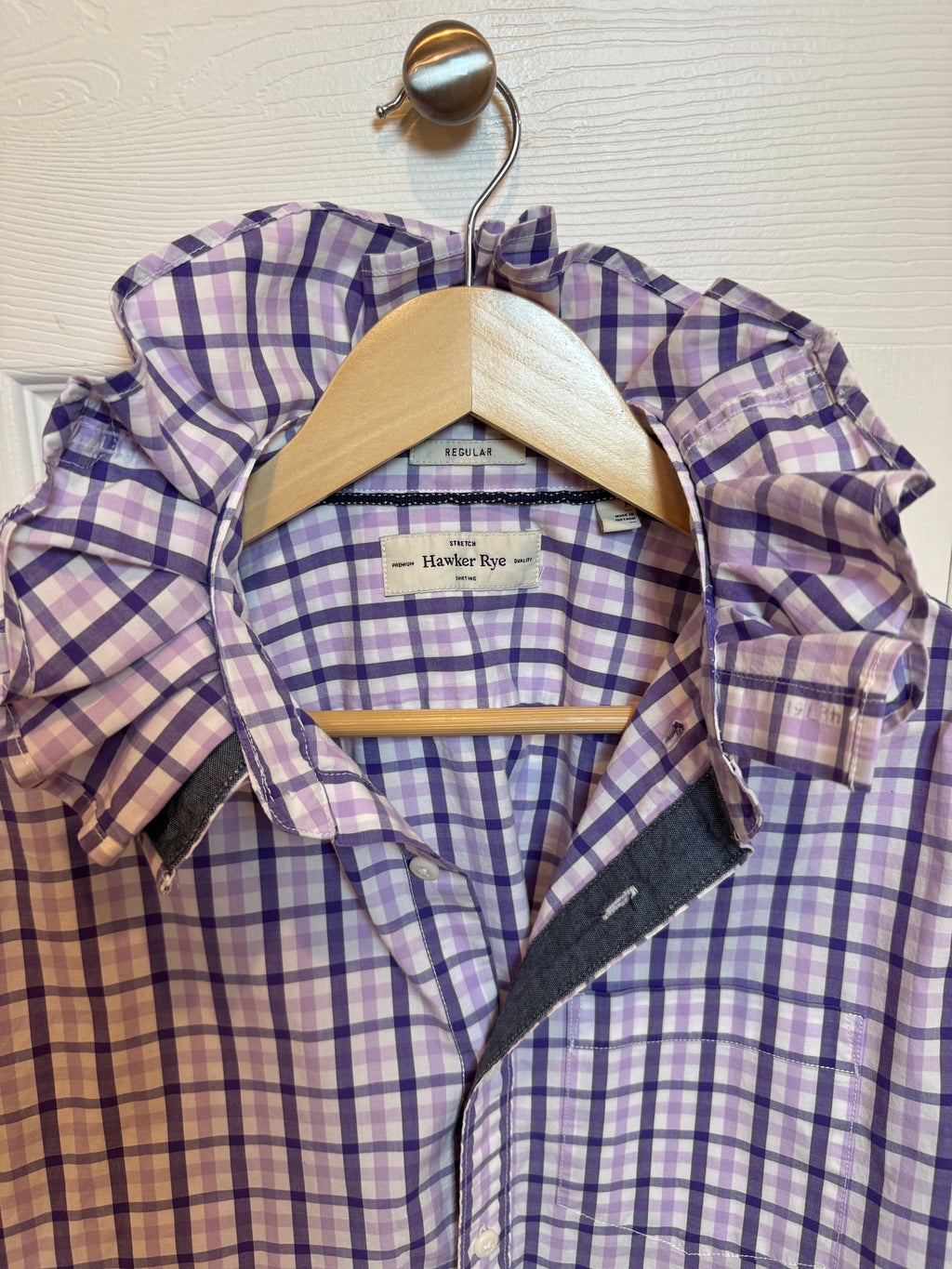 SOLD Tara - Hawker Rye Upcycled Mens Ruffle Collar Shirt - purple plaid - Size Medium