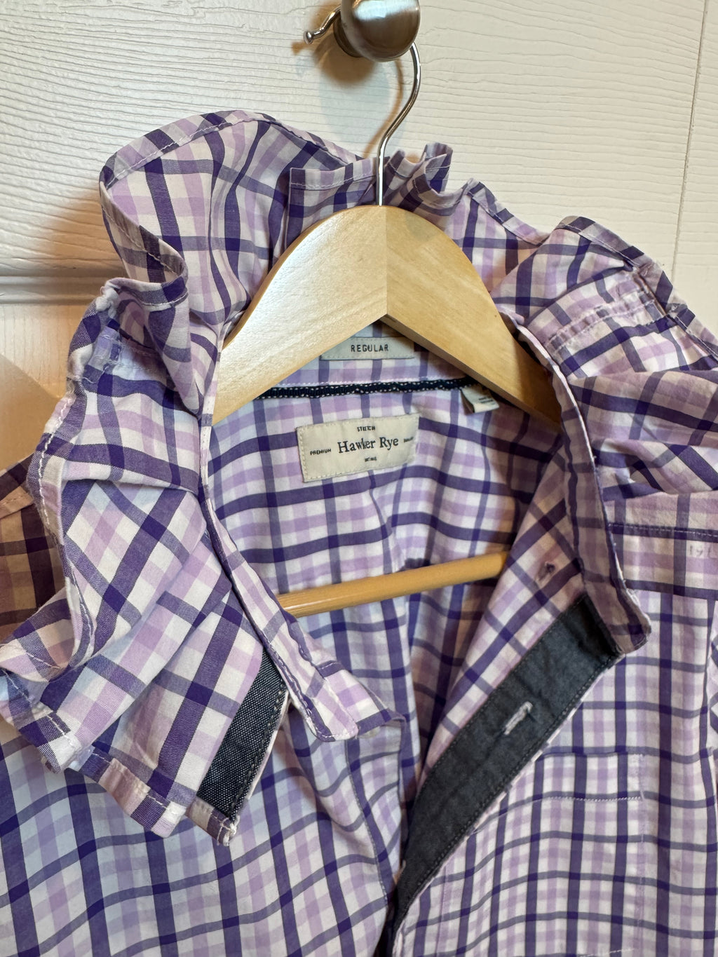 SOLD Tara - Hawker Rye Upcycled Mens Ruffle Collar Shirt - purple plaid - Size Medium