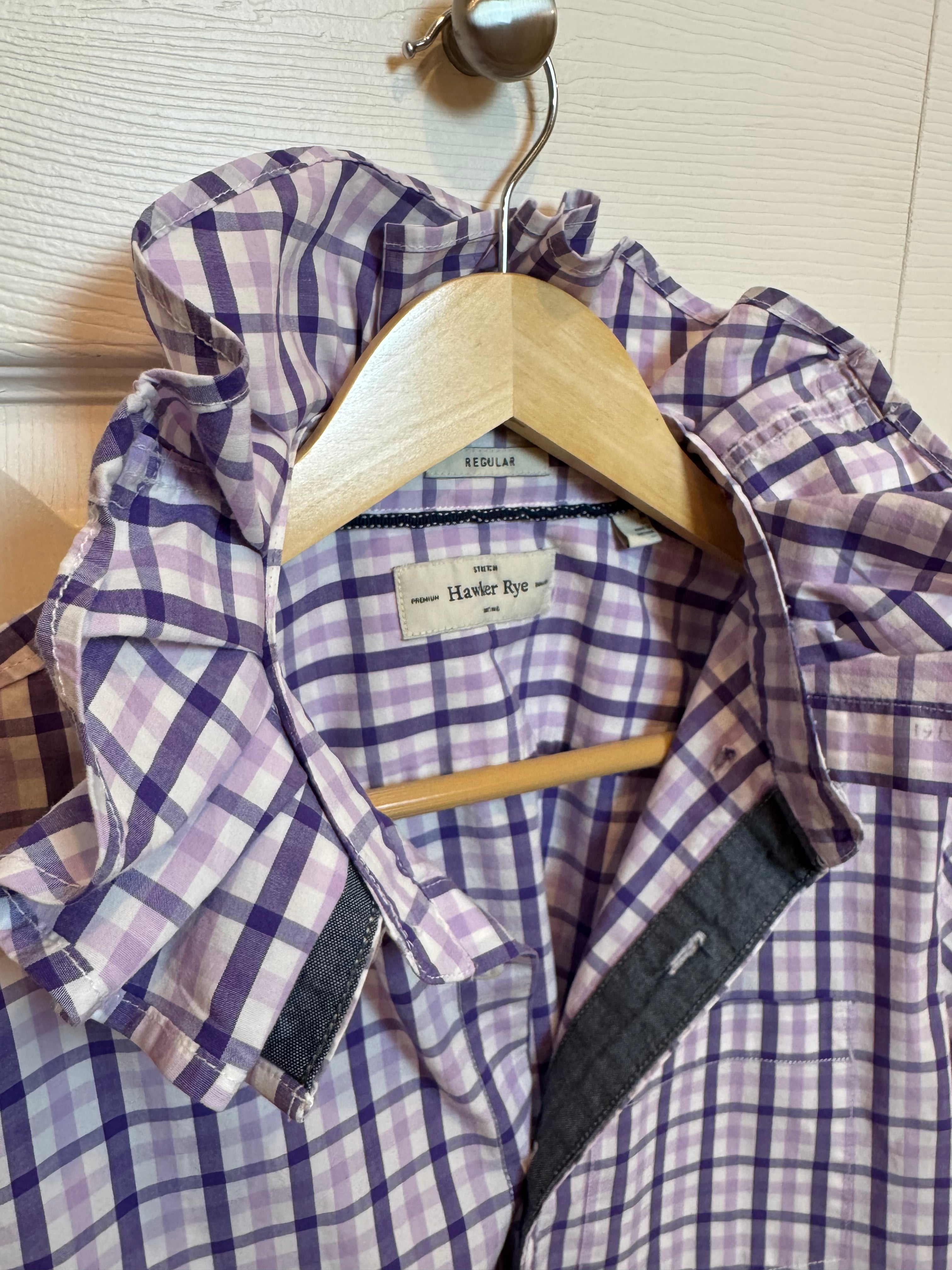 SOLD Tara - Hawker Rye Upcycled Mens Ruffle Collar Shirt - purple plaid - Size Medium