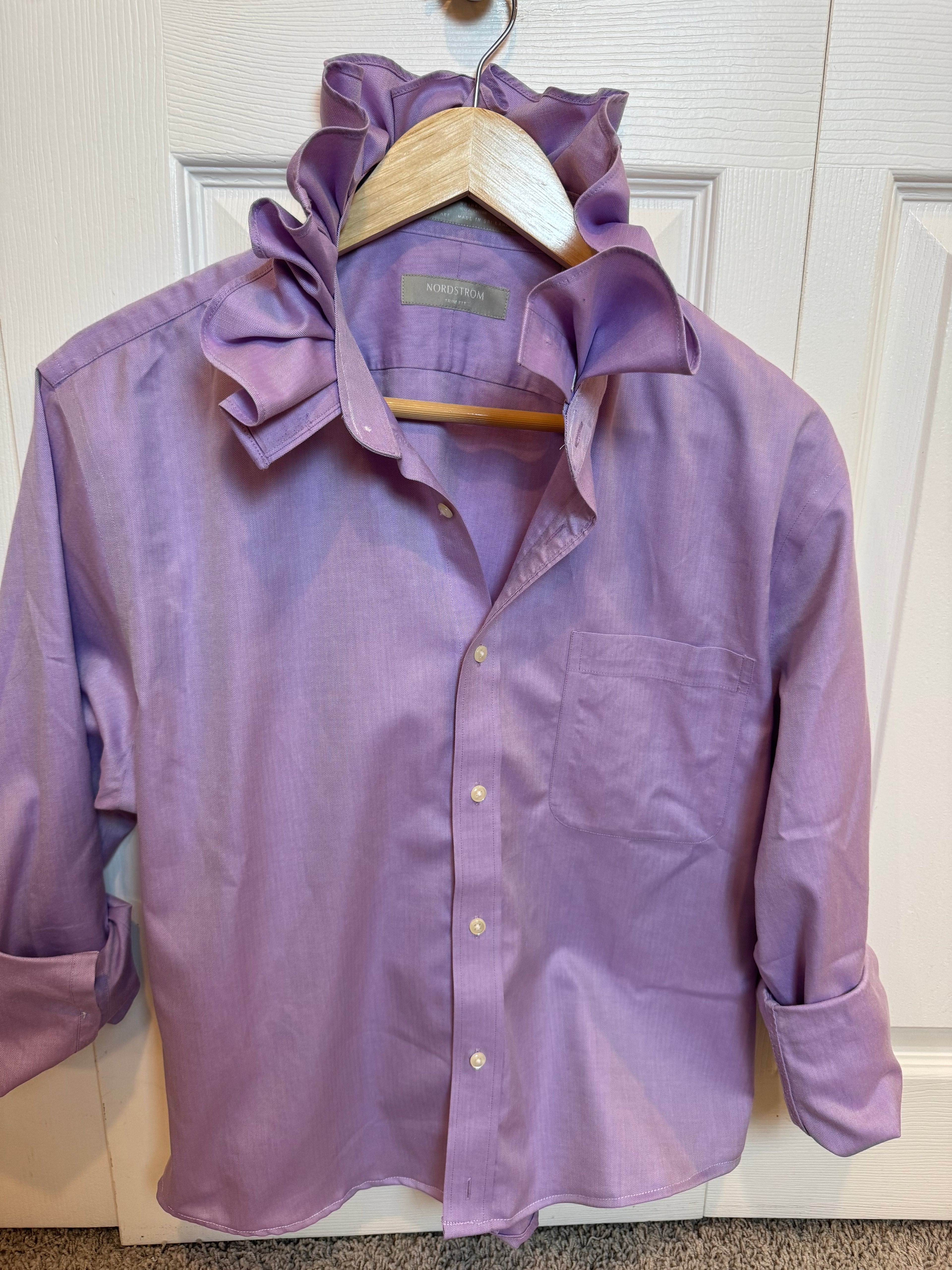 SOLD Talia - Nordstrom Upcycled Mens Ruffle Collar Shirt - lavender - Size Large/XL