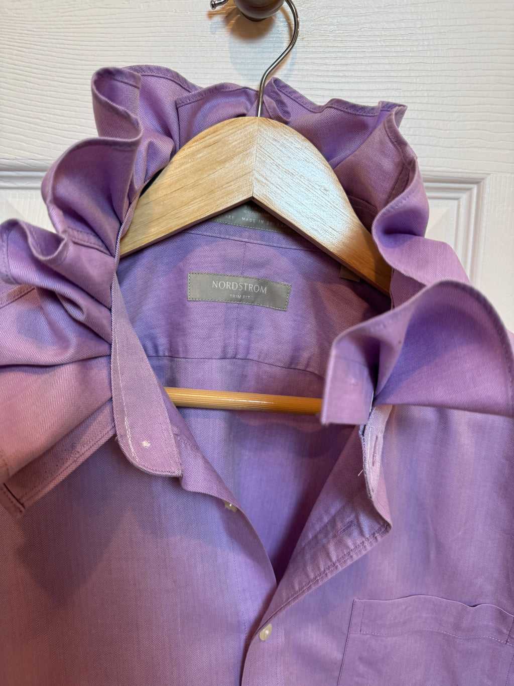 SOLD Talia - Nordstrom Upcycled Mens Ruffle Collar Shirt - lavender - Size Large/XL